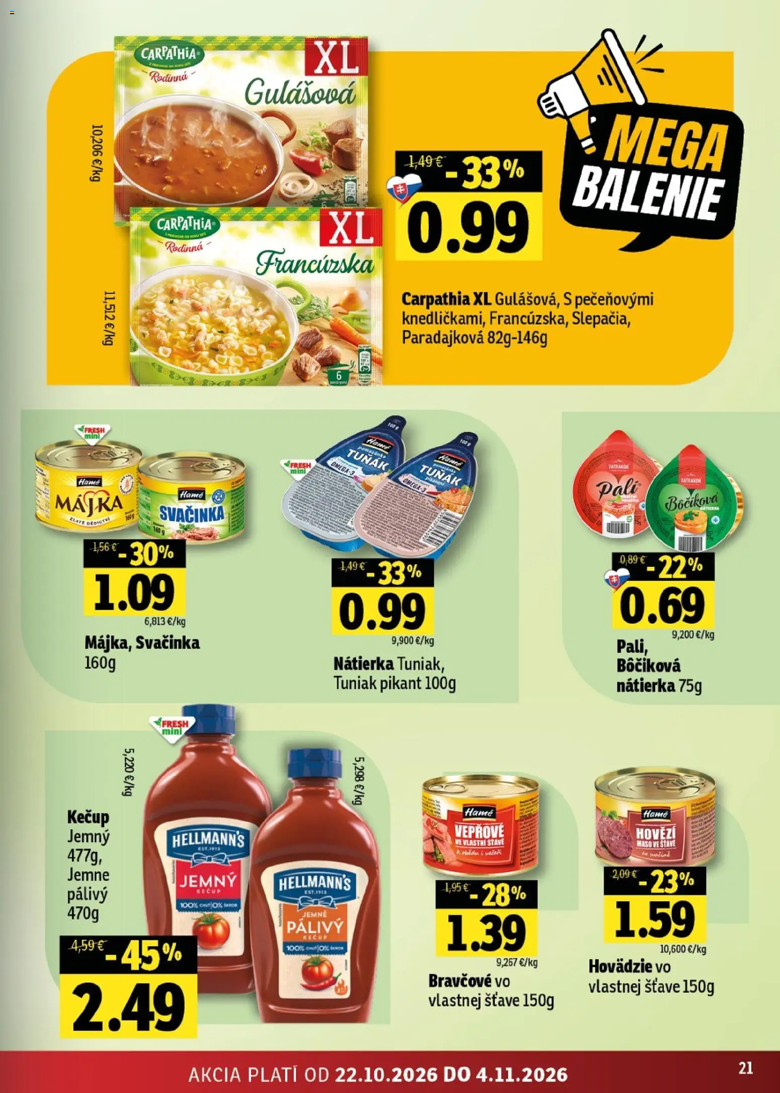 Nové Fresh akcie – leták je platný od 22.10.2026 | Strana: 21 | Produkty: Tuniak, Nátierka, Mäso, Kečup