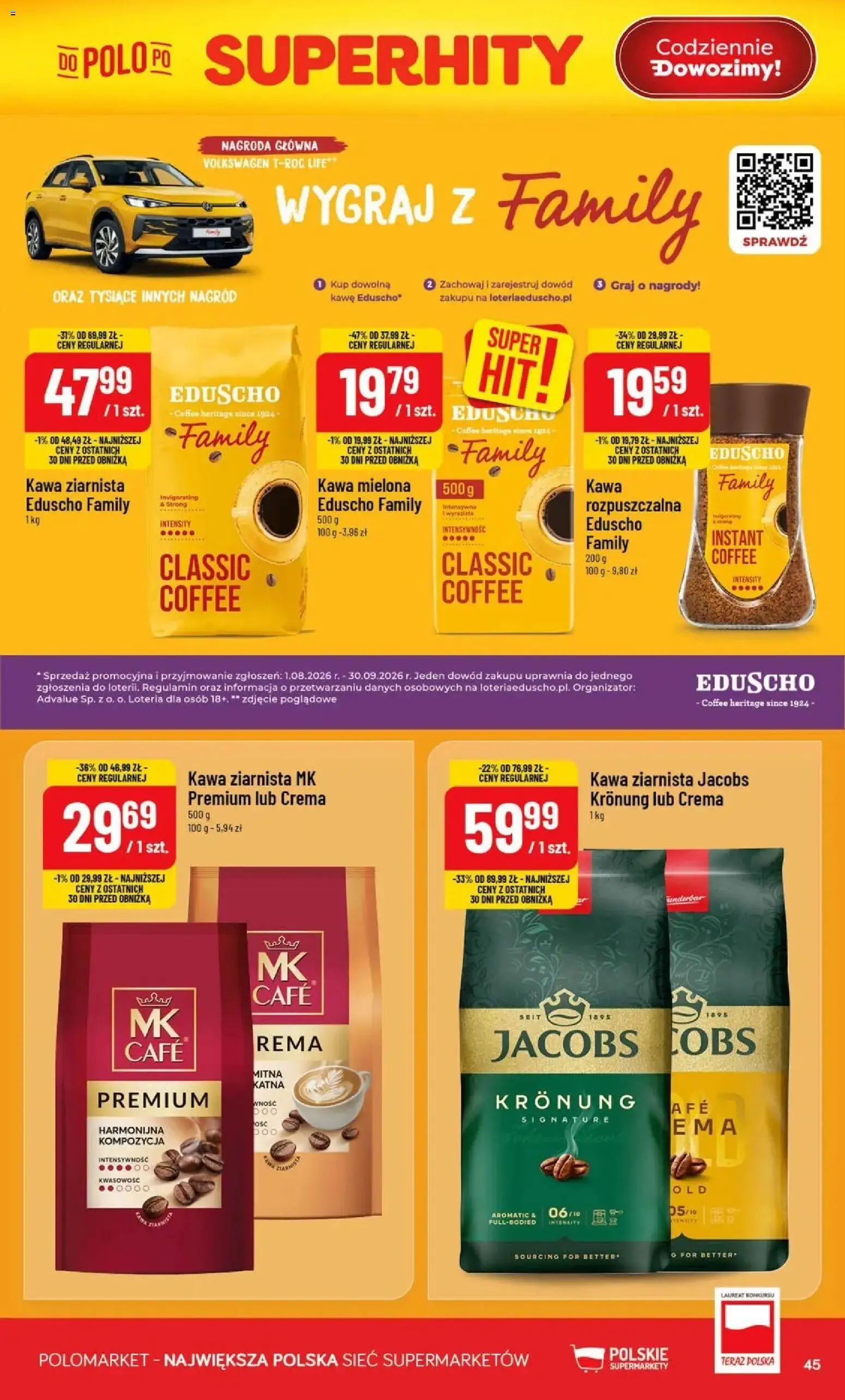 Nowa POLOmarket gazetka od jutra 19.08.2026 | Strona: 45 | Produkty: Jacobs, Kawa ziarnista, Kawa, Kawa mielona