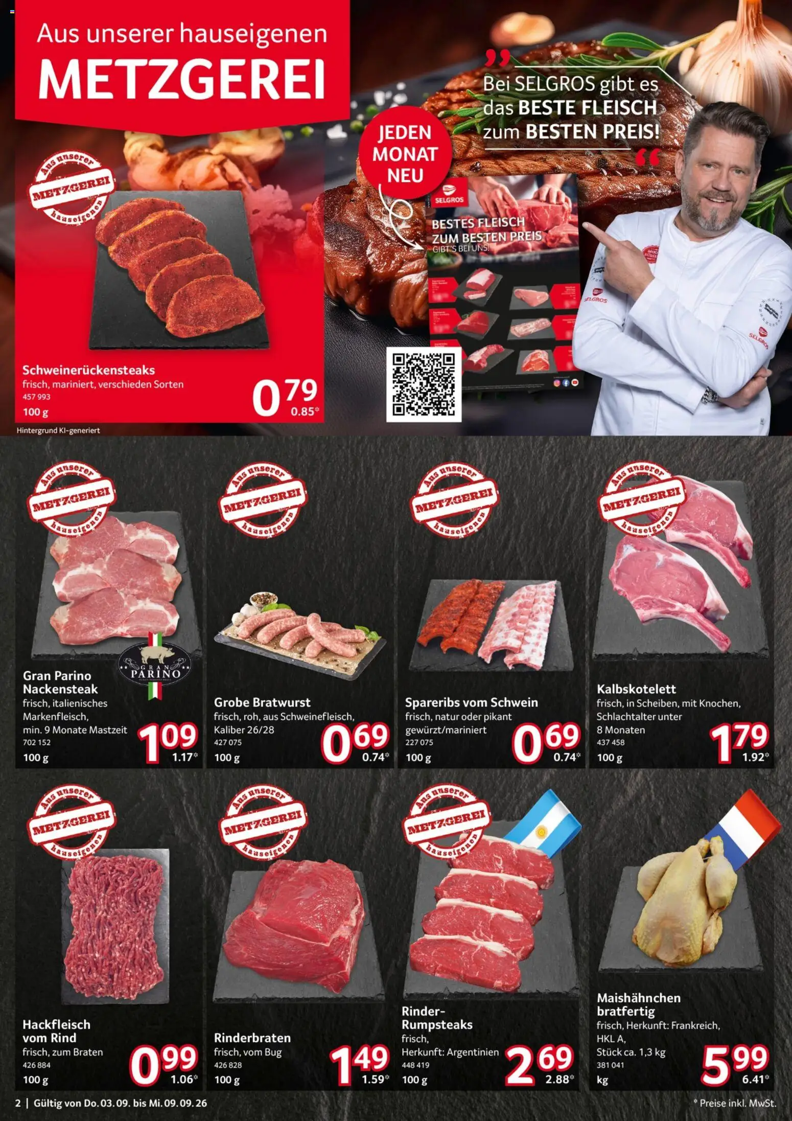 Selgros Prospekt – gültig ab 03.09.2026 | Seite: 3 | Produkte: Rinderbraten, Bratwurst, Fleisch, Hackfleisch