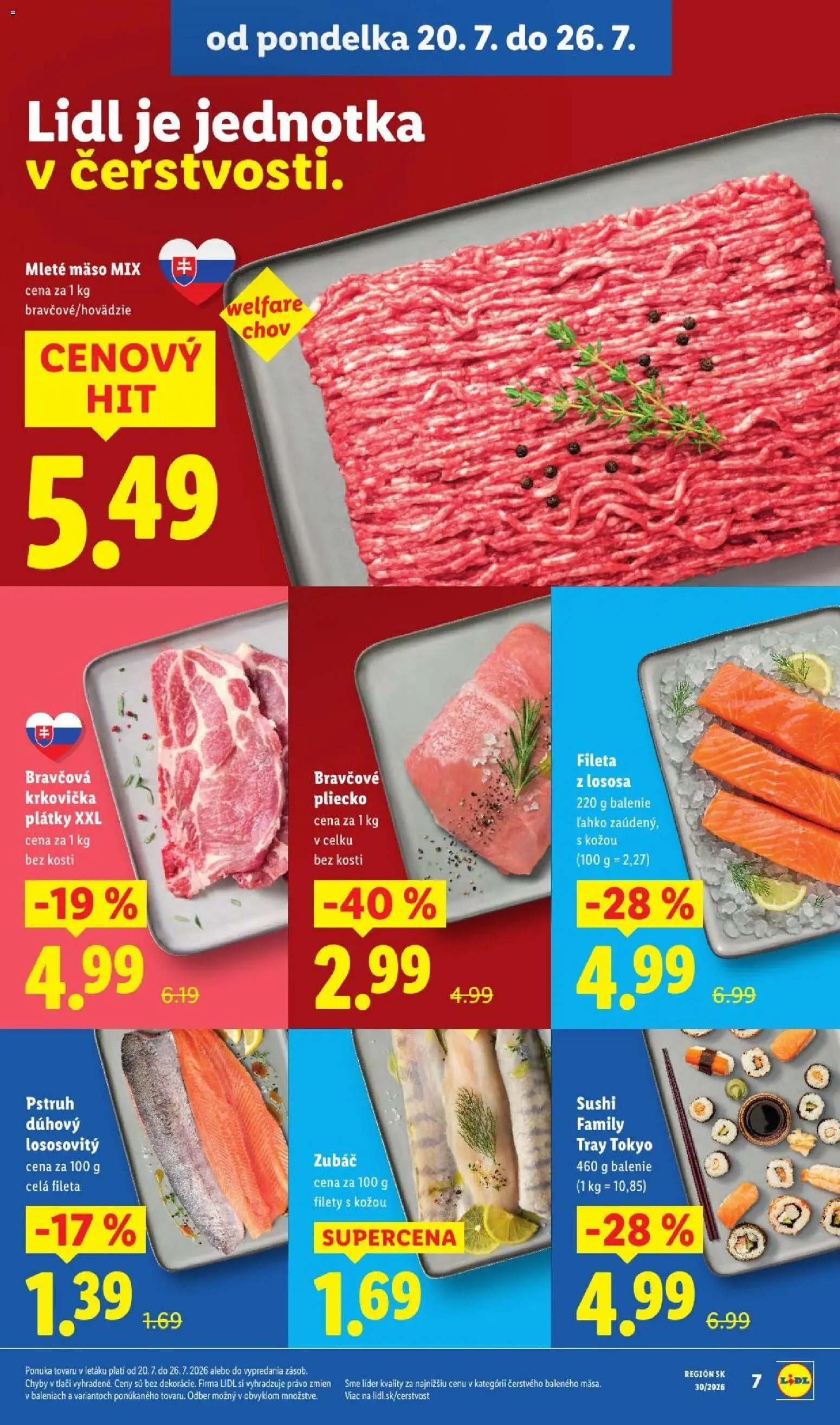 Nové Lidl akcie – leták je platný od 20.07.2026 | Strana: 13 | Produkty: Bravčová krkovička, Pstruh, Sushi, Mleté mäso