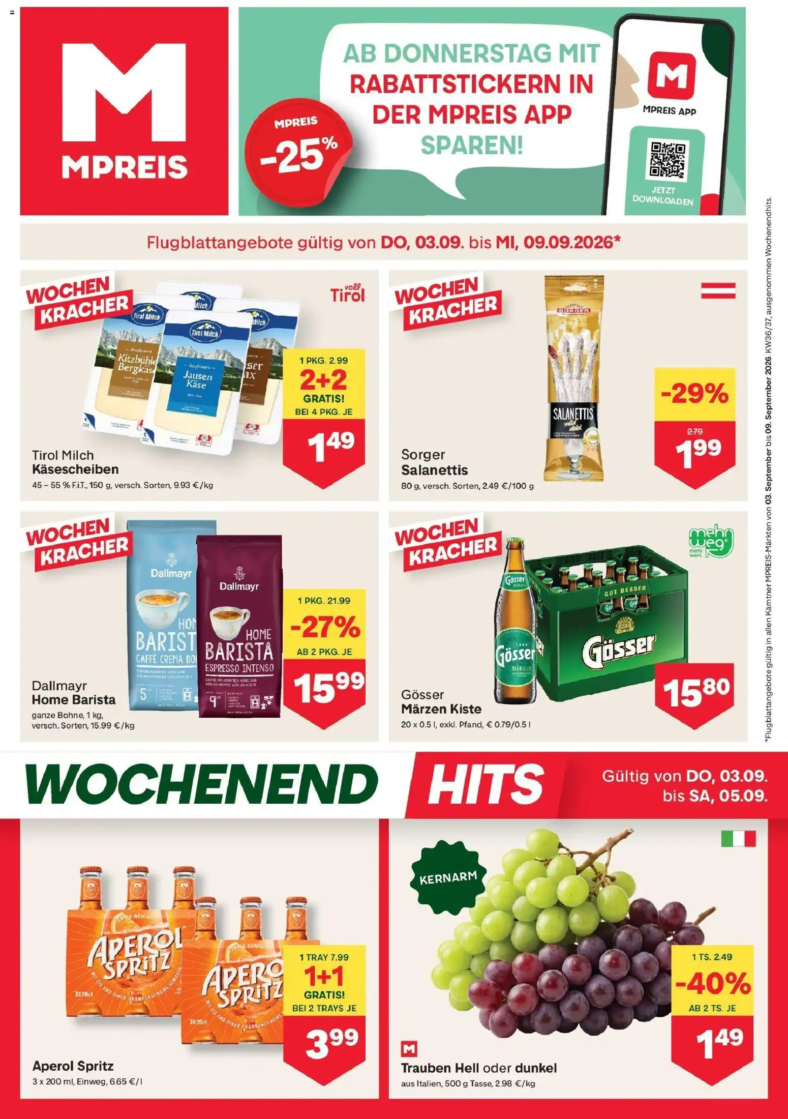 MPREIS Velden von 03.09.2026 - Aktuelle Angebote | Seite: 1 | Produkte: Eis, Aperol, Milch, Käse