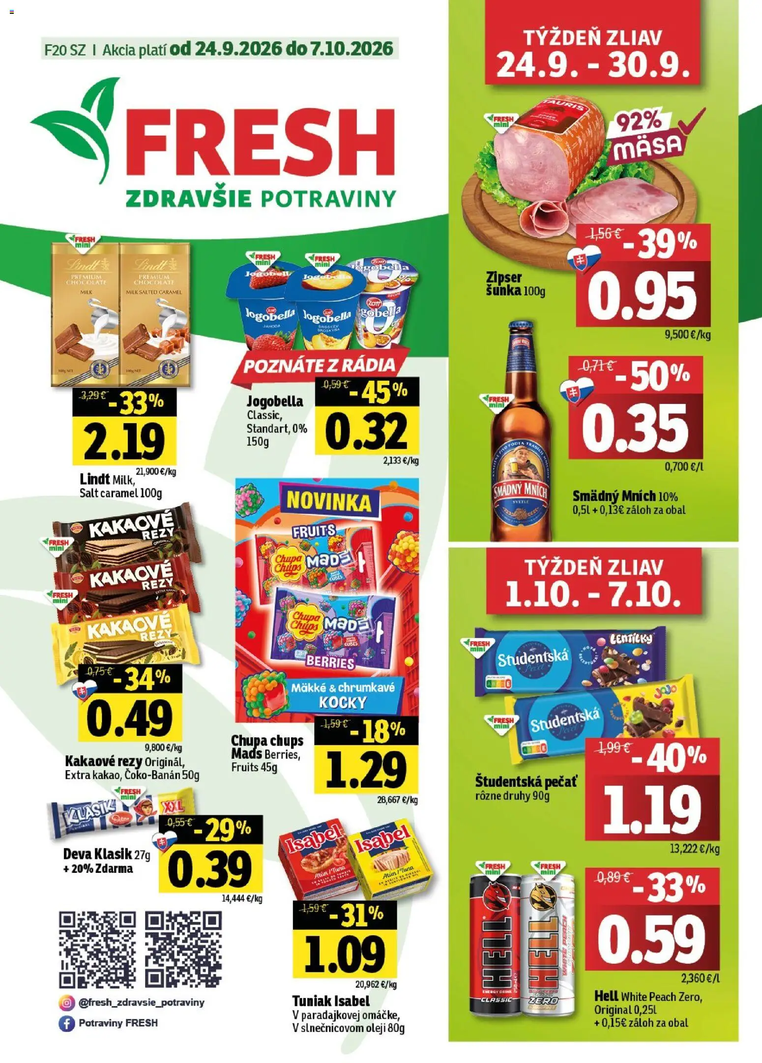 Nové Fresh akcie – leták je platný od 24.09.2026 | Strana: 1 | Produkty: Šunka, Lindt, Smädný Mních, Študentská pečať