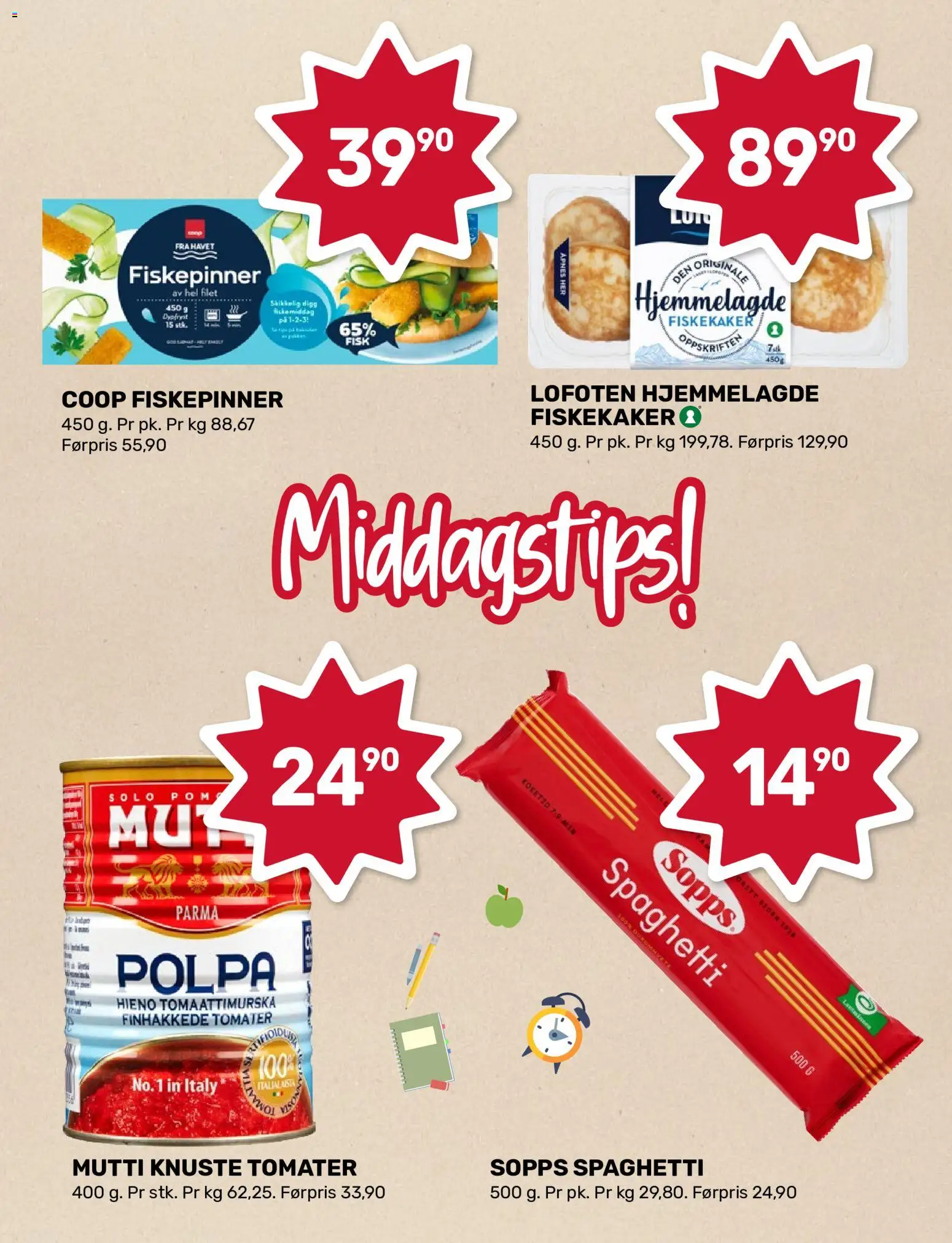 {H1} | Side: 2 | Produkter: Tomater, Fiskekaker, Fiskepinner, Spaghetti