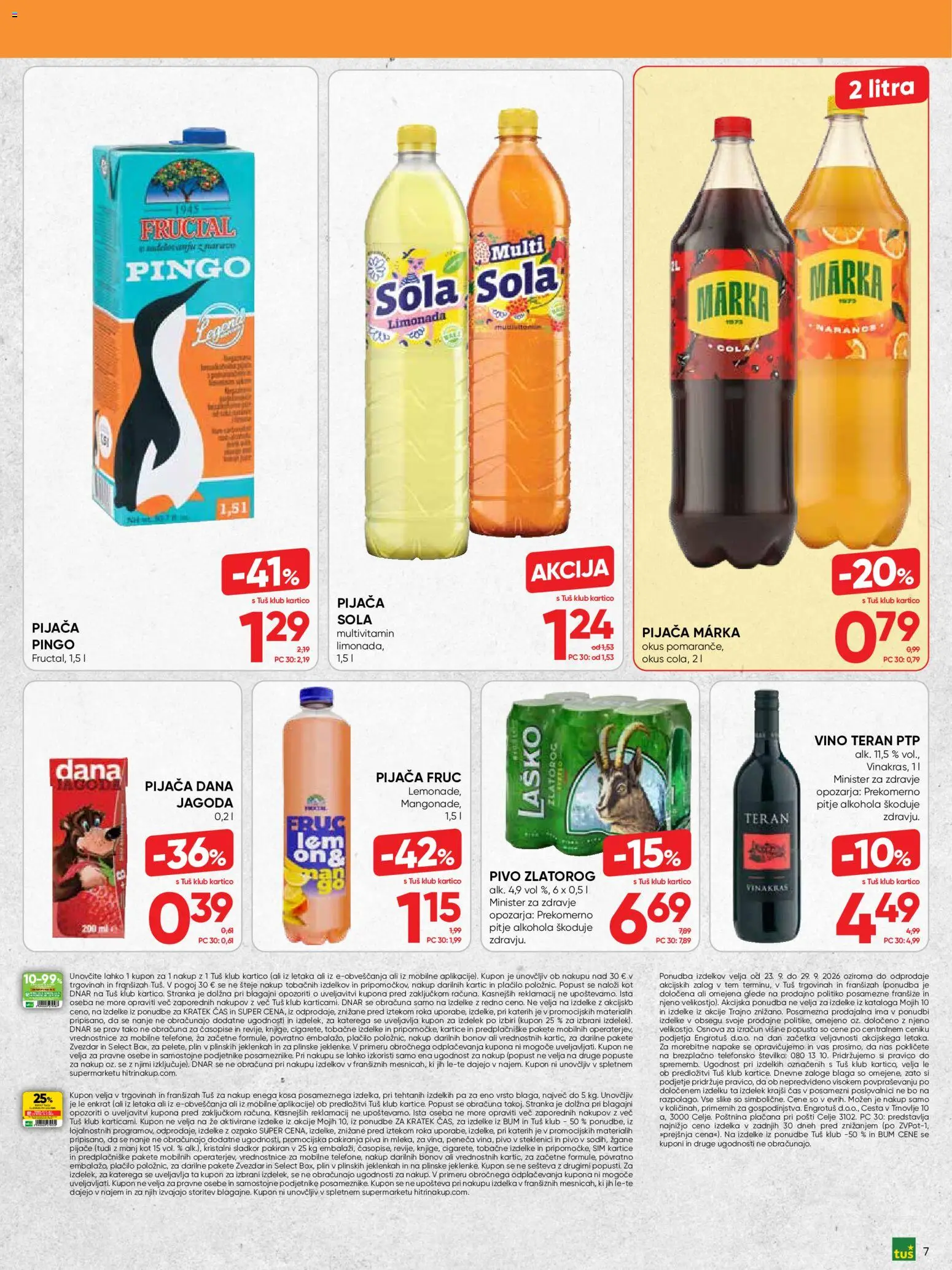 Novi Tuš katalog ponudbe – veljaven od 23.09.2026 | Stran: 7 | Izdelki: Limonada, Vino, Pivo, Sladkor