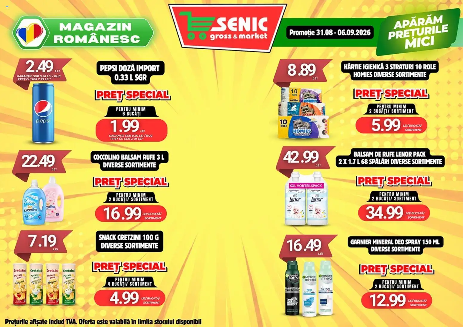 Noul catalog Senic – valabil de la 31.08.2026 | Pagină: 3 | Produse: Deo spray, Pepsi, Balsam, Balsam de rufe