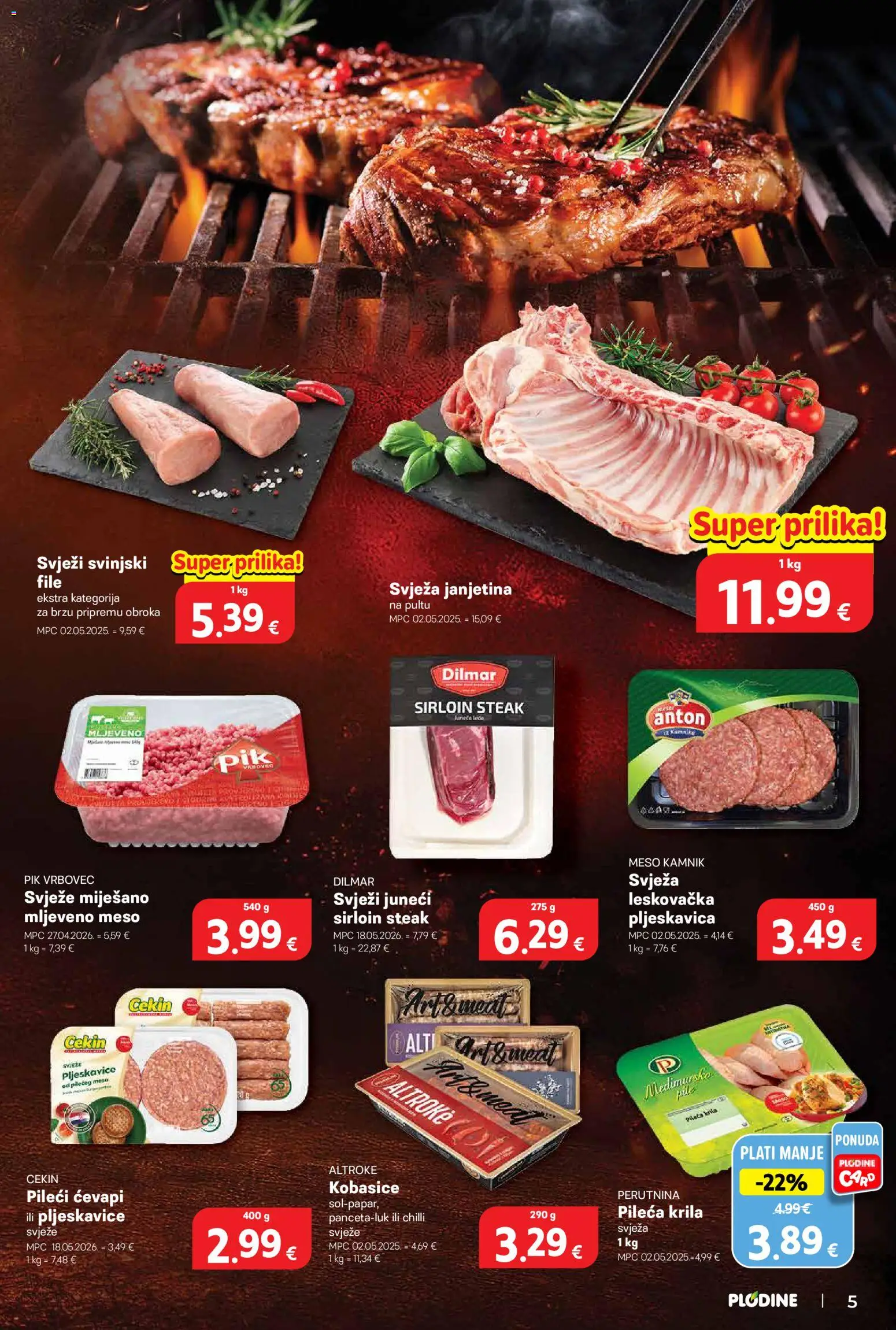 Plodine katalog | vrijedi od 20.05.2026 | Stranica: 5 | Proizvodi: Pileća krila, Meso, Mljeveno meso, Pik Vrbovec