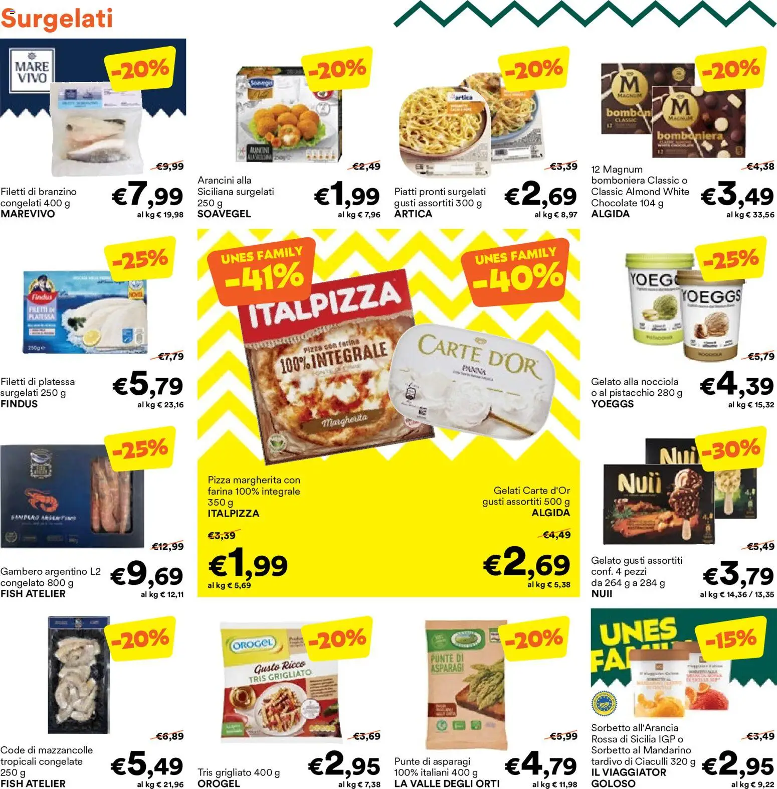 Volantino Unes del 29/07/2026 | Pagina: 4 | Prodotti: Pizza, Gelato, Sorbetto, Mazzancolle