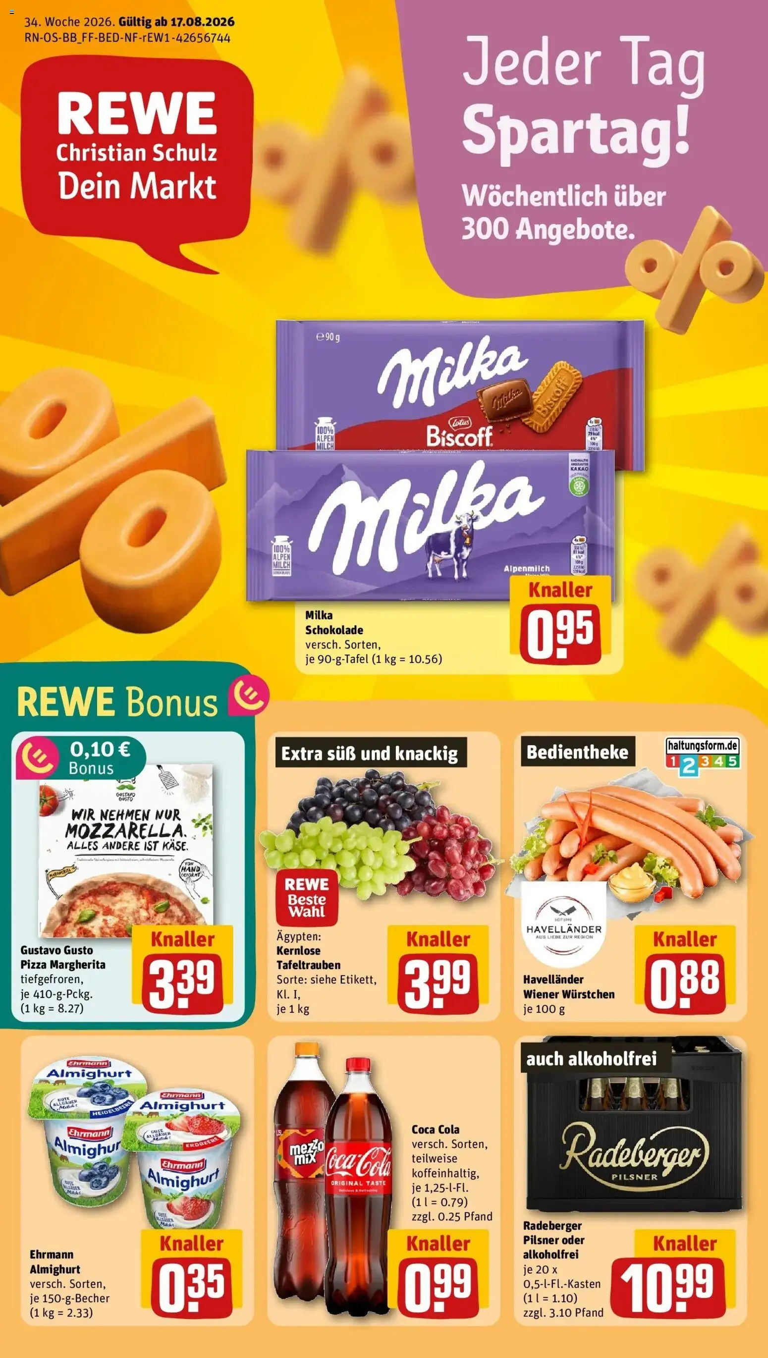 REWE Prospekt ab 17.08.2026 zum Blättern » Angebote | Seite: 1 | Produkte: Cola, Schokolade, Milka schokolade, Pizza