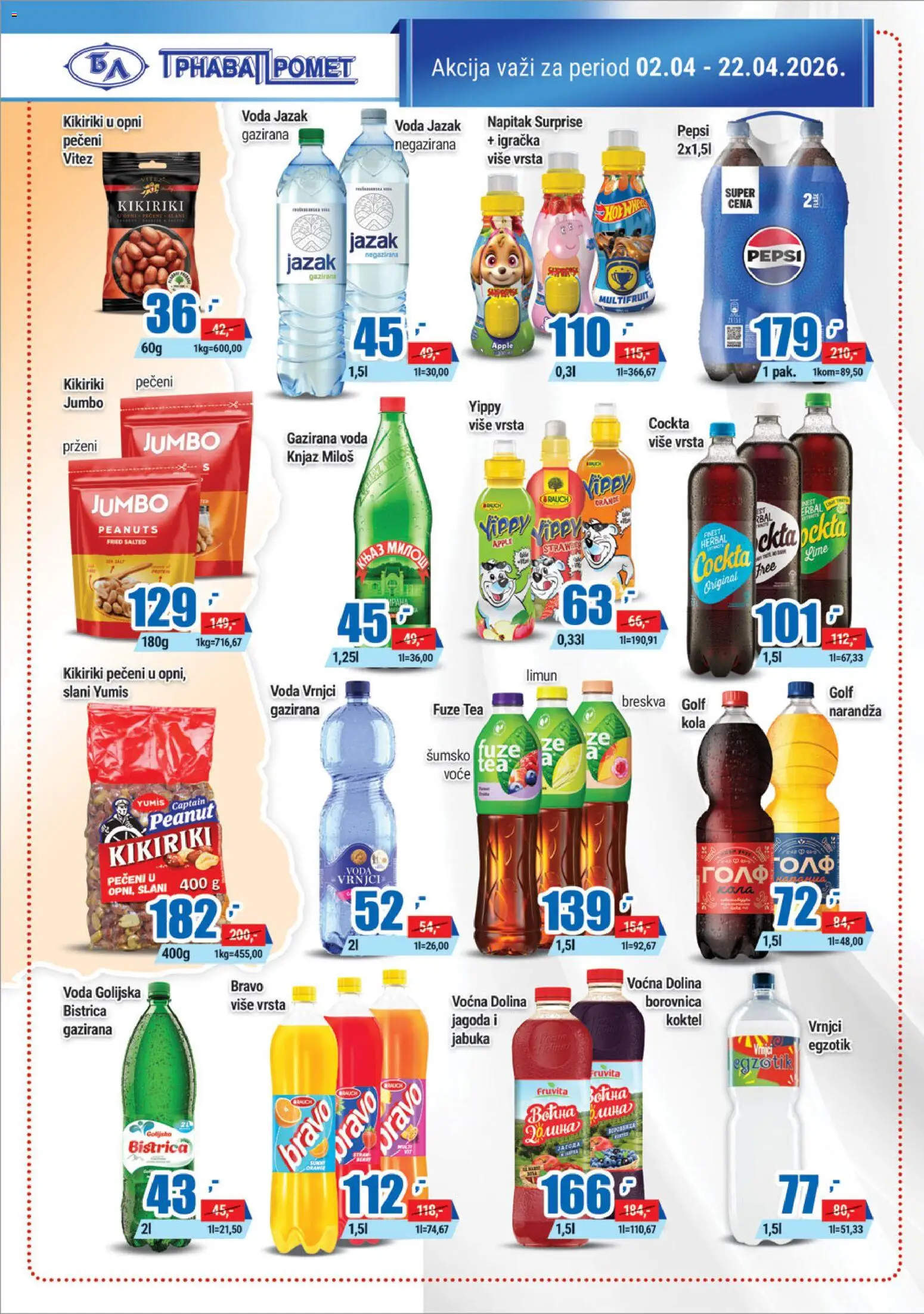 Trnava Promet katalog - važi od 02.04.2026 | Strana: 18 | Proizvode: Negazirana voda, Fruvita, Voda, Kikiriki