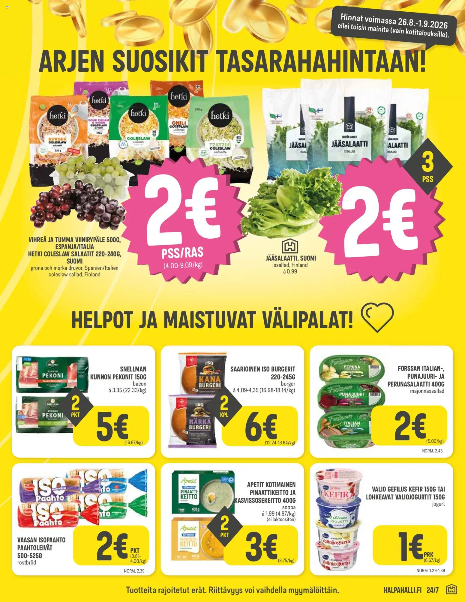 Halpa Halli - viikkokuvasto – voimassa 26/08/2026 alkaen | Sivu: 3 | Tuotteet: Kana, Pekoni, Perunasalaatti, Pinaatti
