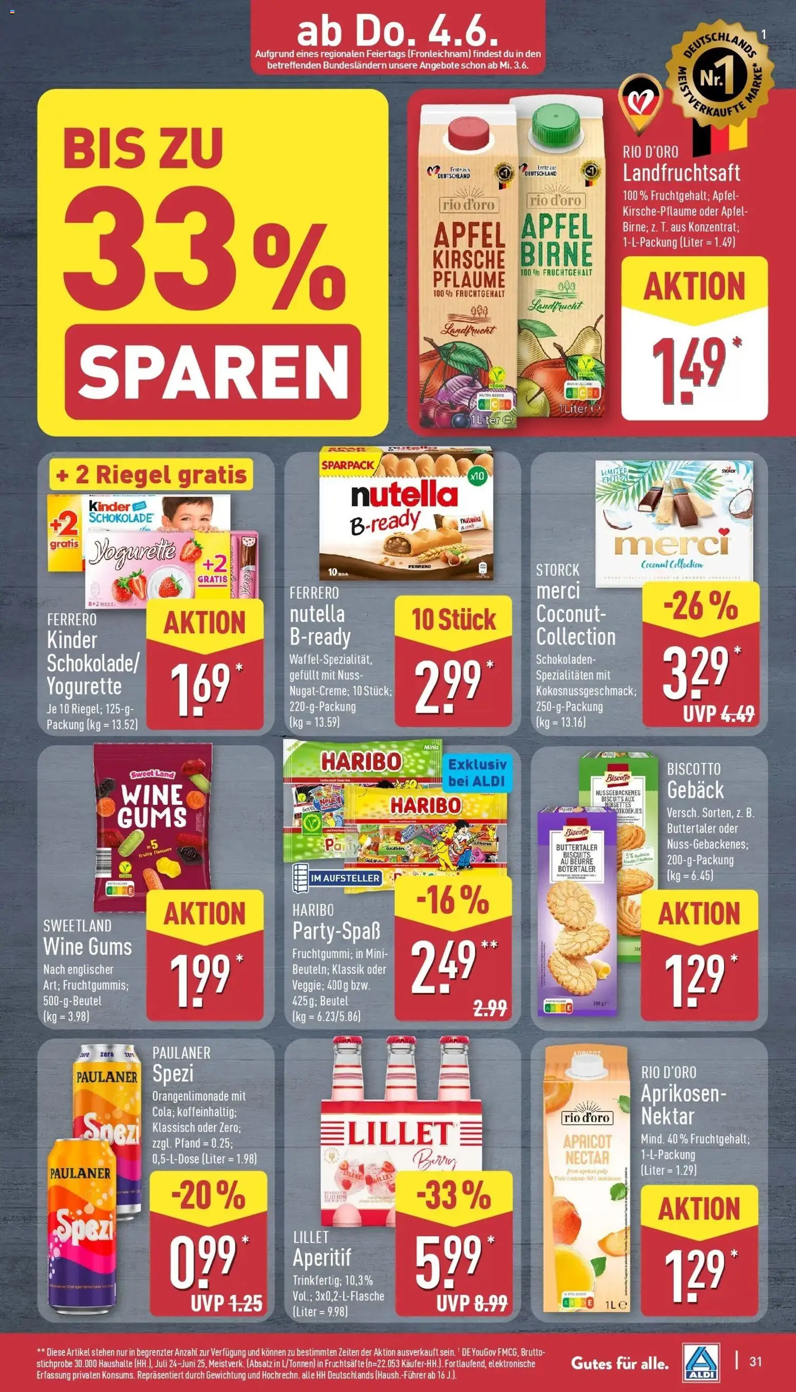 Aldi Wochenangebote – gültig ab 01.06.2026 | Seite: 32 | Produkte: Paulaner spezi, Äpfel, Nutella, Birne