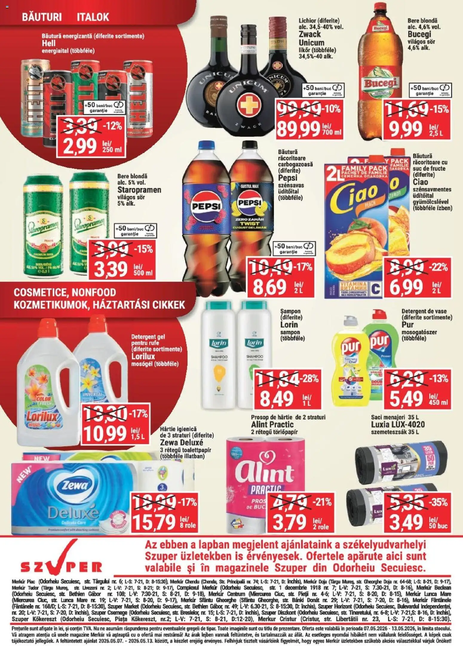 Noul catalog Merkur – valabil de la 07.05.2026 | Pagină: 4 | Produse: Saci menajeri, Șampon, Lichior, Băutură energizantă