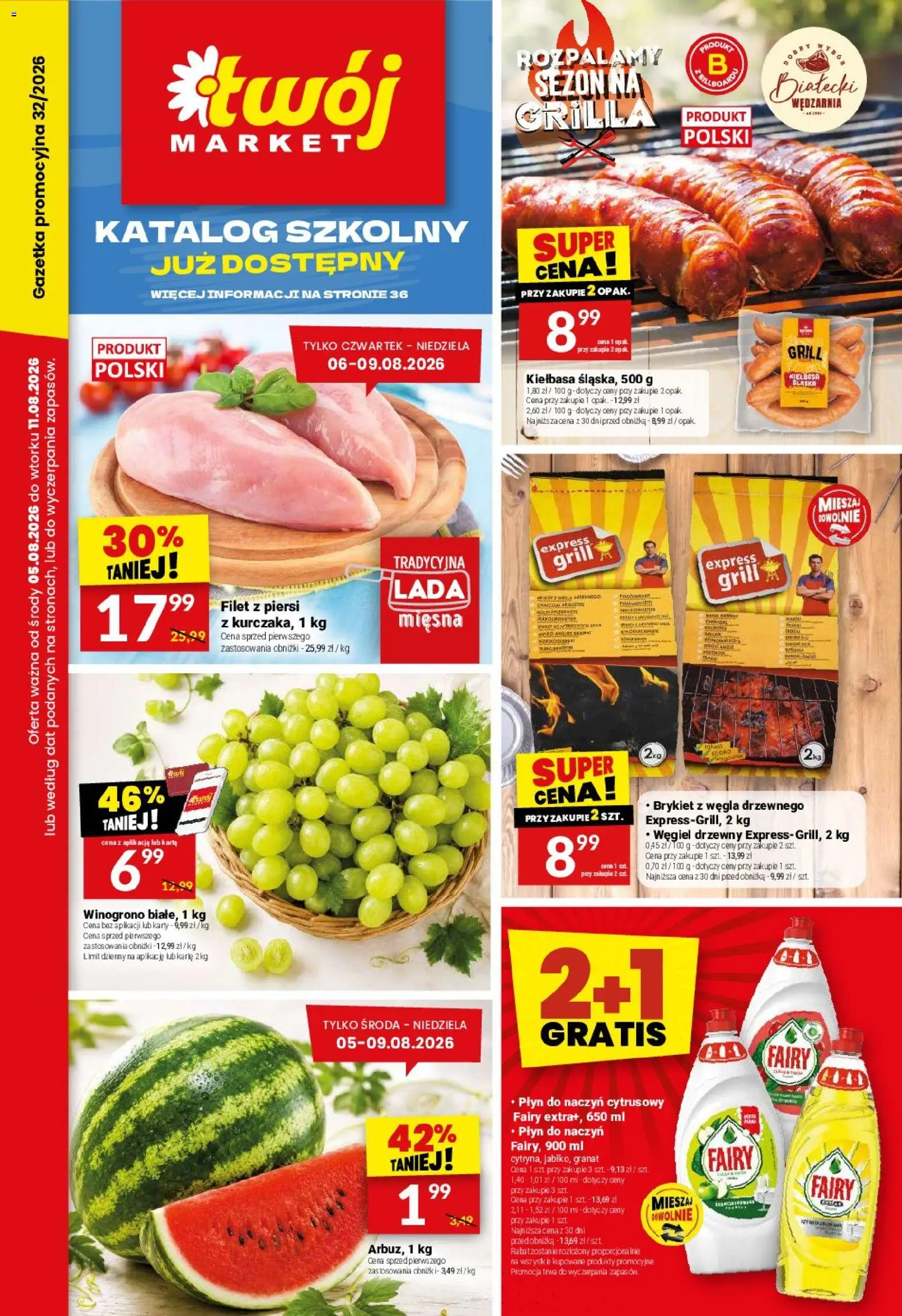 Twój Market gazetka od 05.08.2026 | Strona: 1 | Produkty: Winogrono, Piersi, Grill, Fairy