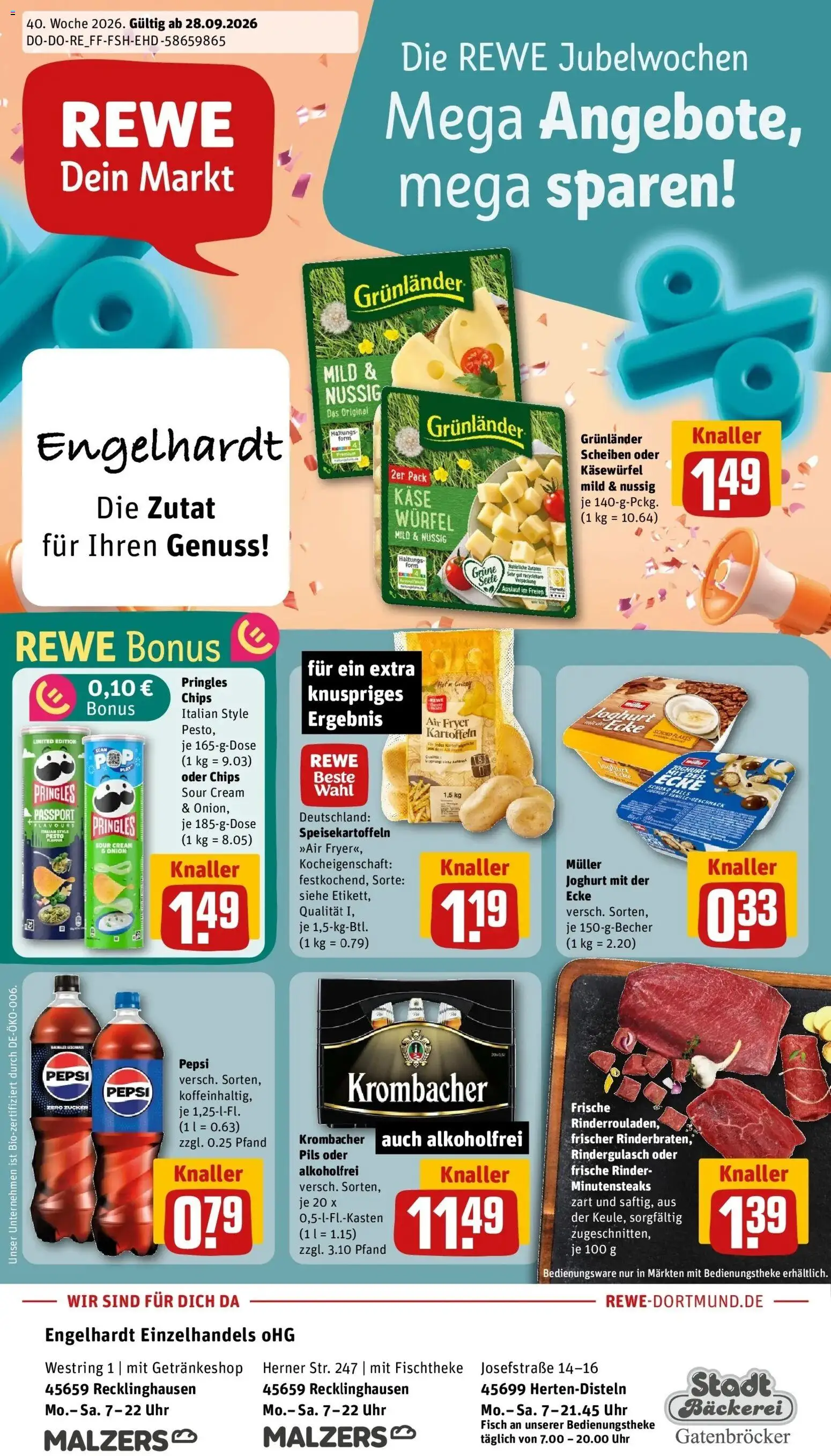 REWE Prospekt ab 28.09.2026 zum Blättern » Angebote | Seite: 1 | Produkte: Rindergulasch, Käse, Pils, Pepsi