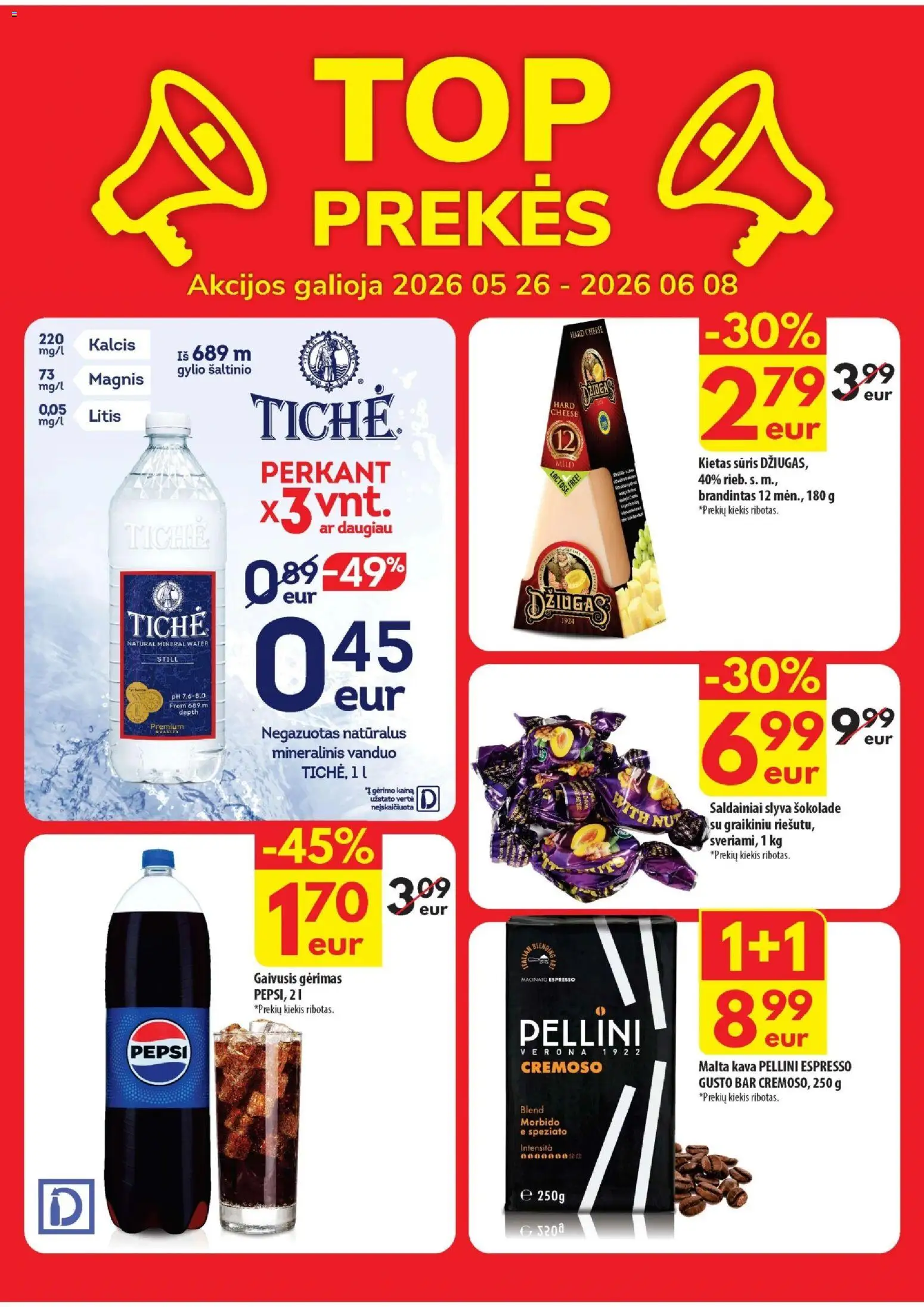 ČIA MARKET akcijos nuo 26.05.2026 | Puslapis: 2 | Prekių: Gaivusis gėrimas, Sūris, Kava, Mineralinis vanduo