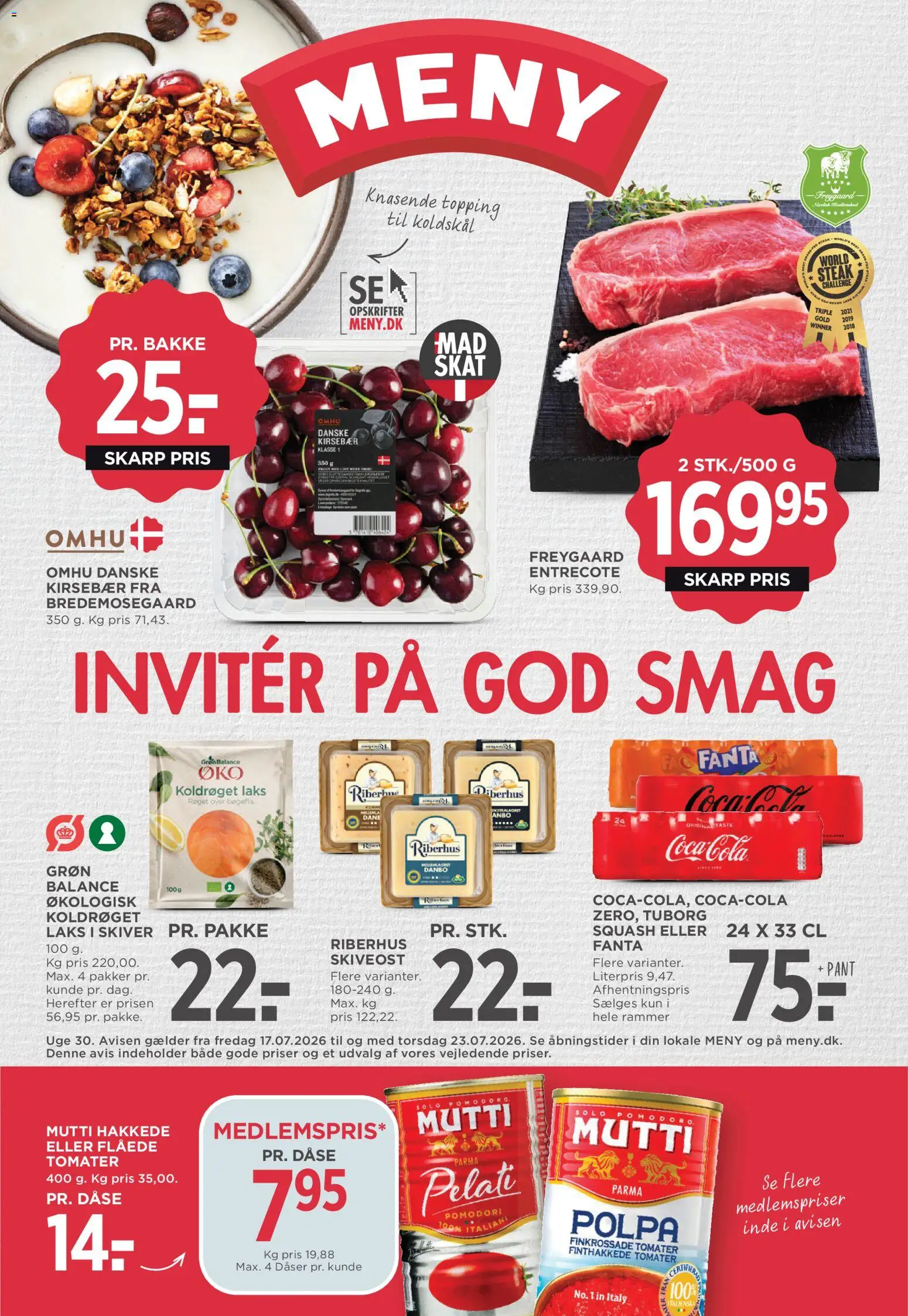 Meny tilbudsavis – gyldig fra 17/07/2026 | Side: 1 | Produkter: Tomater, Kirsebær, Cola, Skiveost