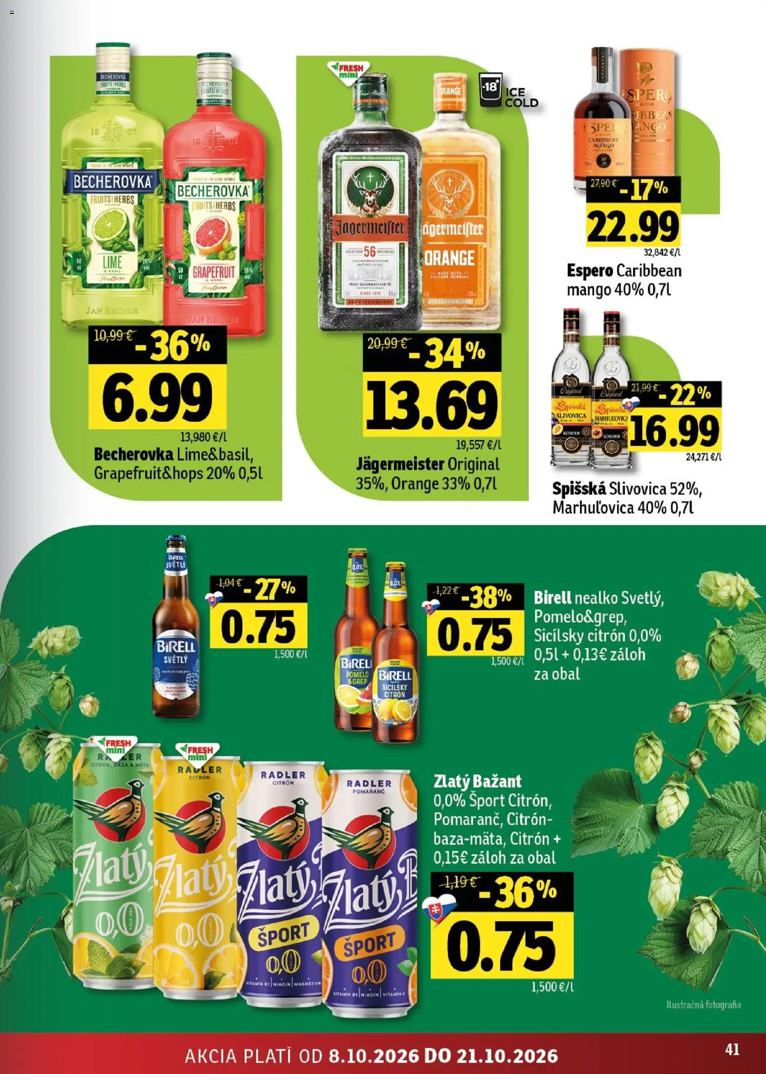 Nové Fresh akcie – leták je platný od 08.10.2026 | Strana: 41 | Produkty: Becherovka, Birell, Radler, Grep