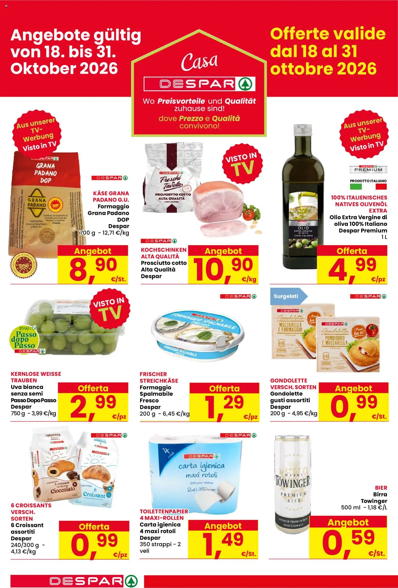Volantino Despar del 15/10/2026 | Pagina: 8 | Prodotti: Pomodoro, Prosciutto, Grana Padano, Olio extra vergine
