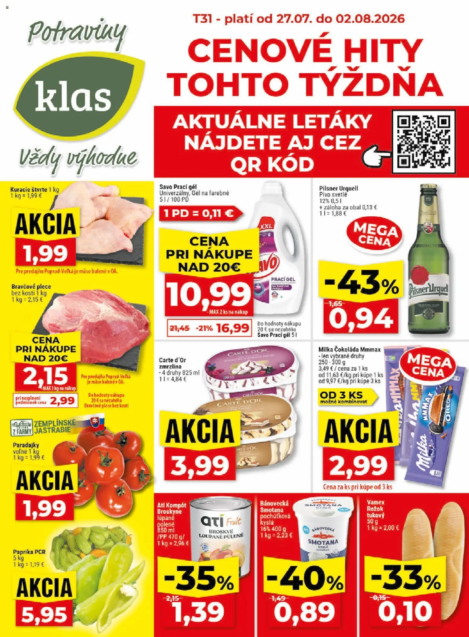 Nové Klas akcie – leták je platný od 27.07.2026 | Strana: 1 | Produkty: Pivo, Paradajky, Zmrzlina, Broskyne