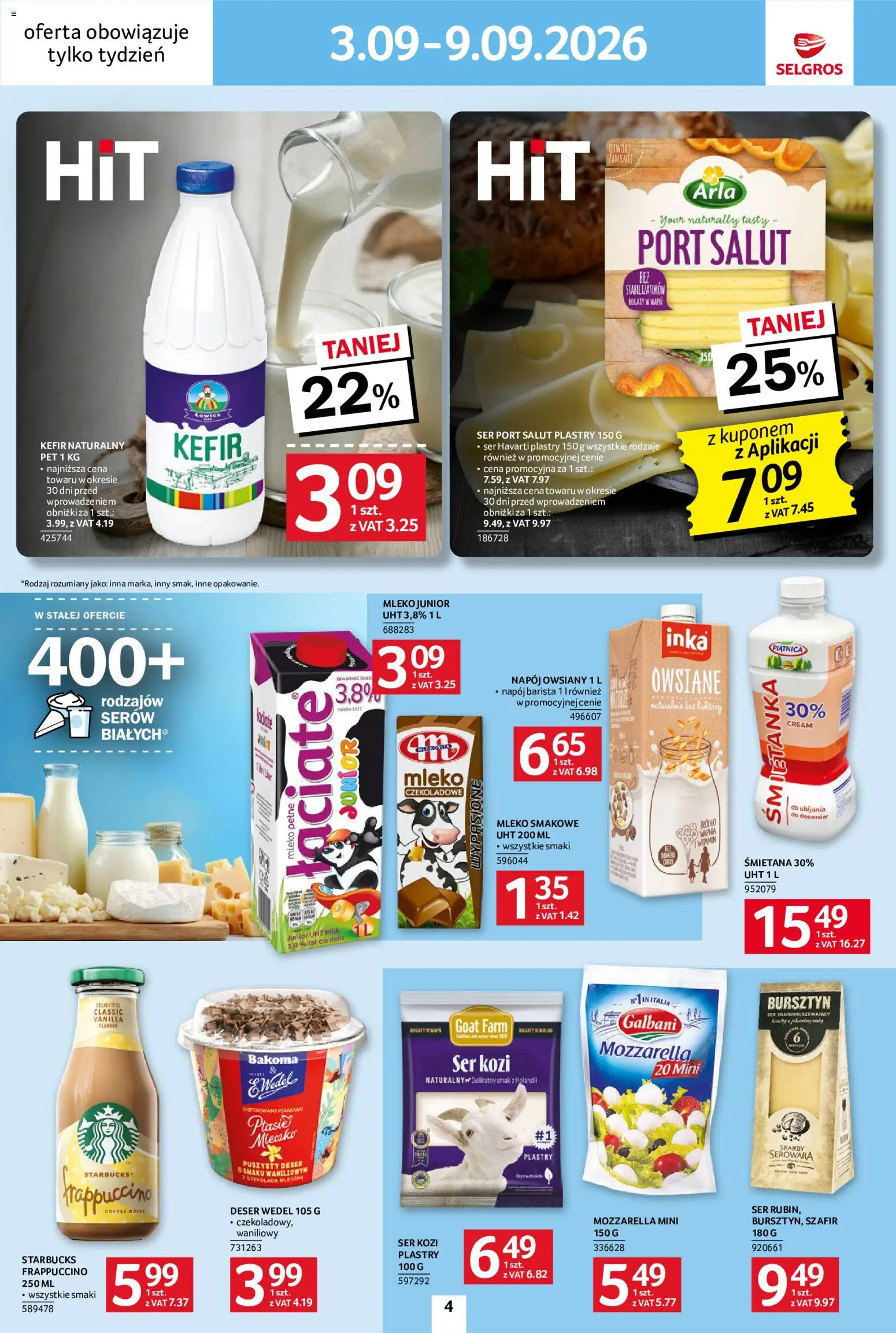 Selgros cash&carry gazetka - Jeszcze więcej super promocji od 03.09.2026 | Strona: 4 | Produkty: Kefir, Czekolada mleczna, Ser, Mozzarella