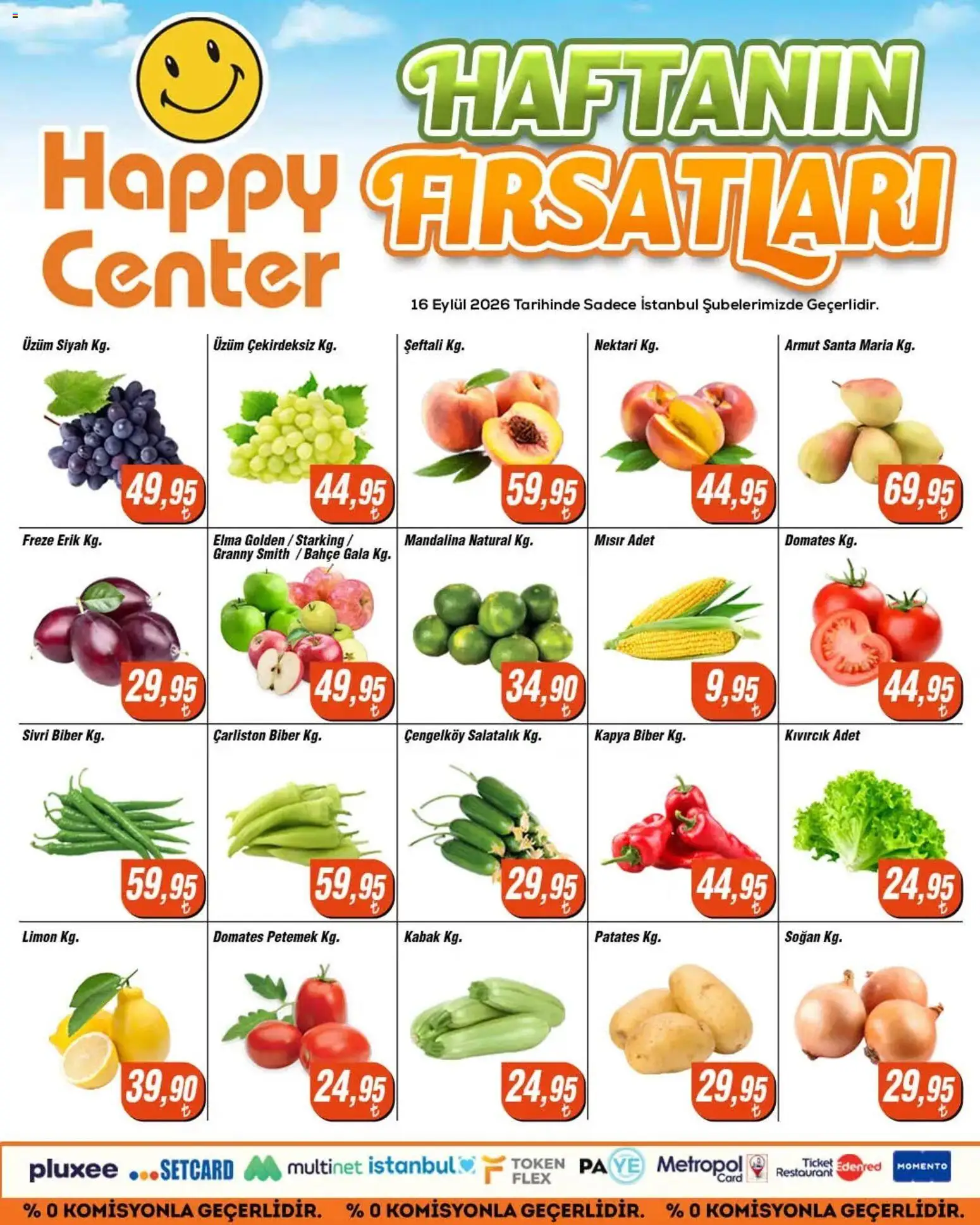 Happy Center - Manav - 16 Eylül 2026 tarihinden itibaren geçerlidir | Sayfa: 1 | Ürünler: Erik, Domates, Mandalina, Salatalık