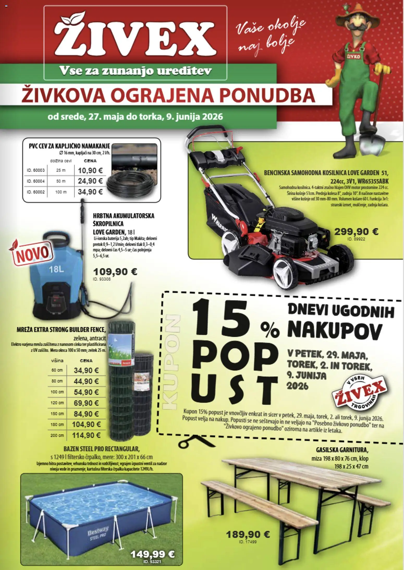 Novi Živex katalog ponudbe – veljaven od 27.05.2026 | Stran: 1 | Izdelki: Bazen, Črpalka, Kosilnica, Miza