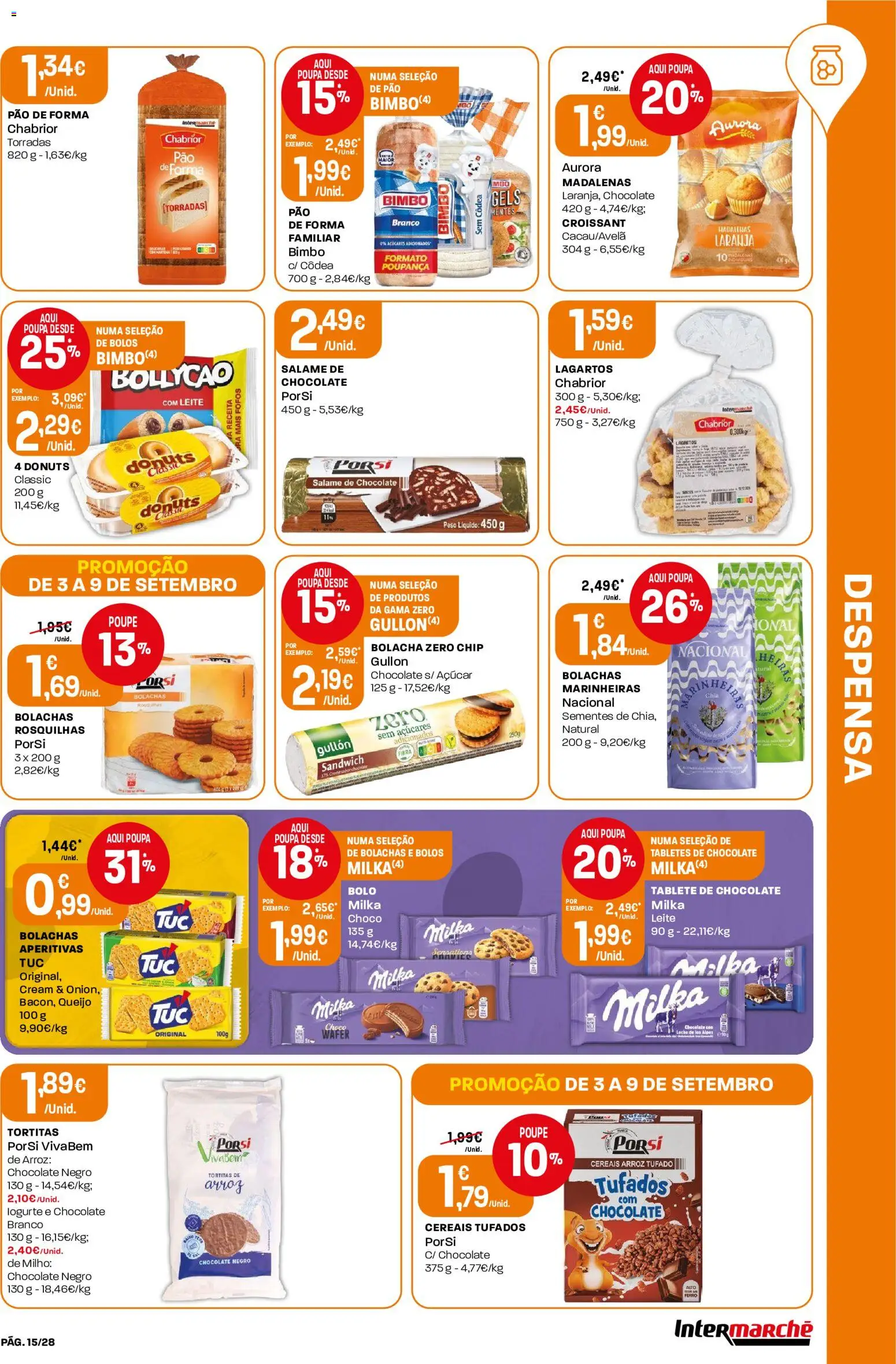 Intermarché Folheto Contact │ válido de 03/09/2026 | Página: 15 | Produtos: Torradas, Leite, Chocolate, Salame
