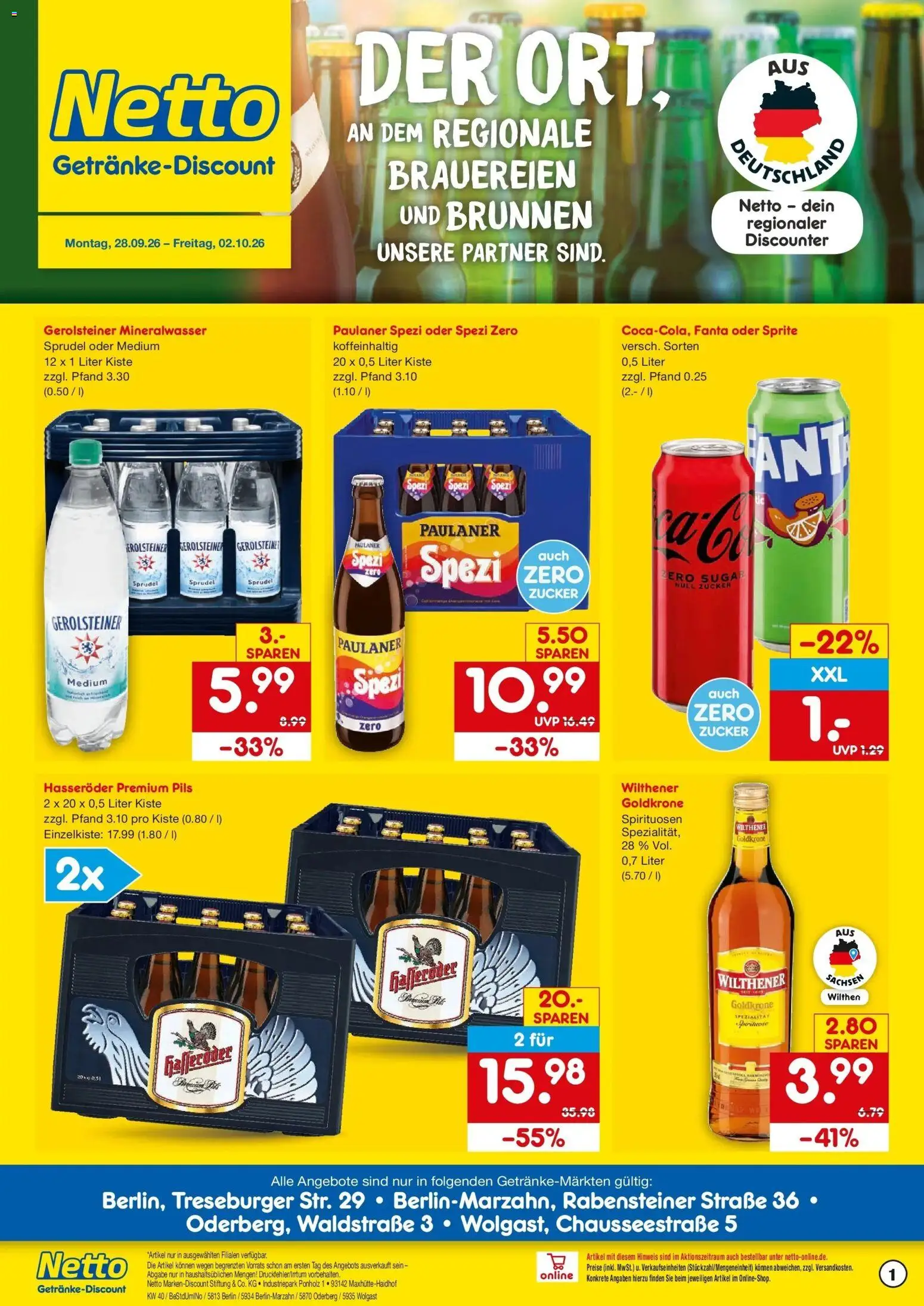Netto Marken-Discount Prospekt Berlin-Marzahn – gültig ab 28.09.2026 | Seite: 1 | Produkte: Fanta, Sprite, Wilthener, Zucker