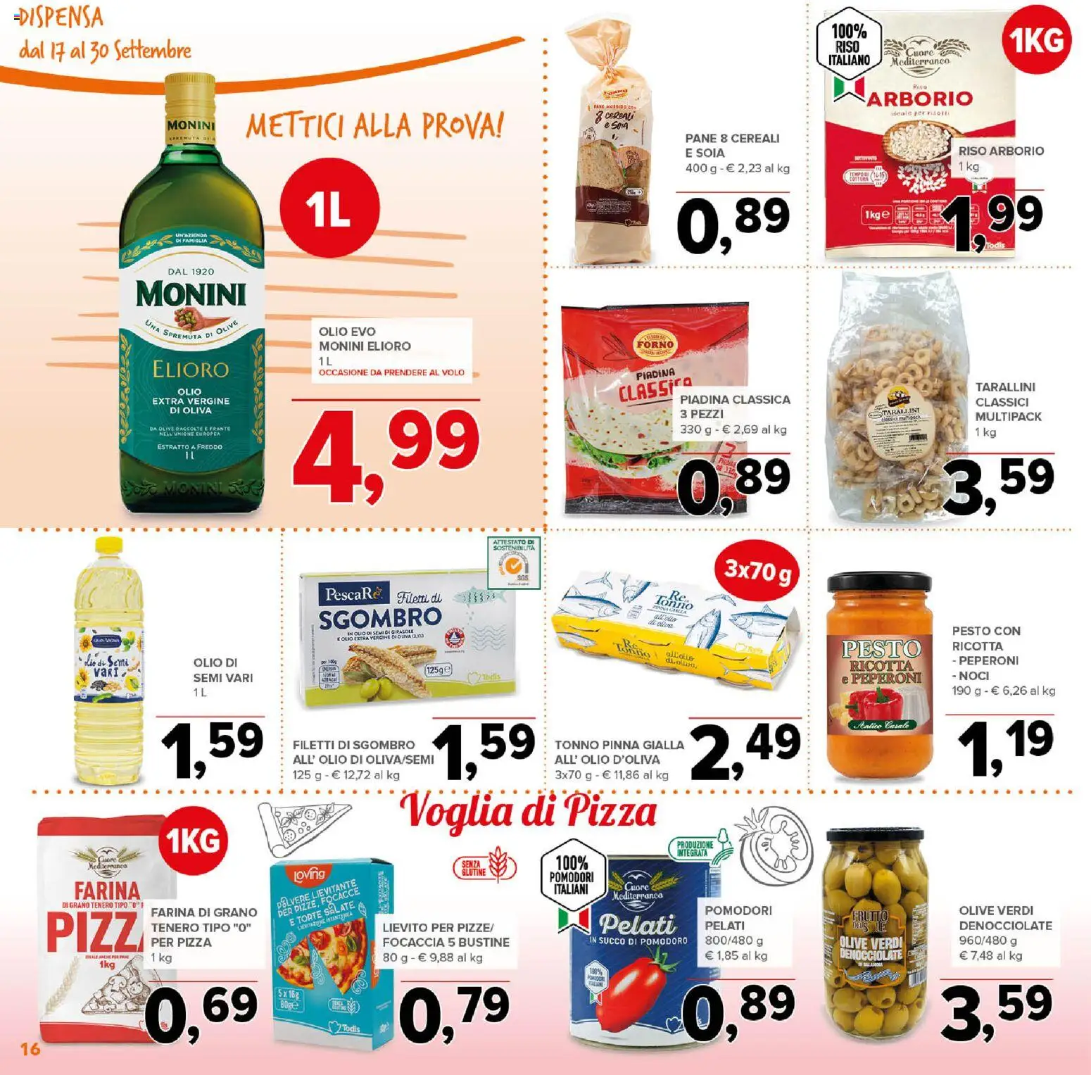 Volantino Todis del 17/09/2026 | Pagina: 16 | Prodotti: Pane, Riso, Piadina, Sgombro