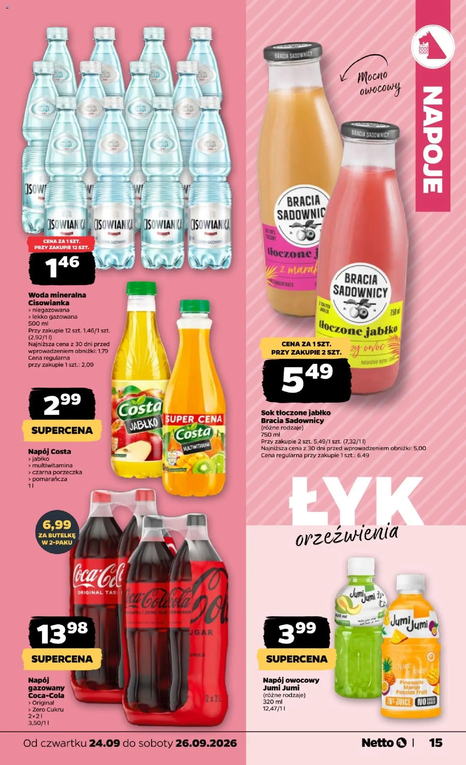 Netto gazetka od czwartku od 24.09.2026 | Strona: 15 | Produkty: Woda mineralna, Porzeczka, Sok, Woda