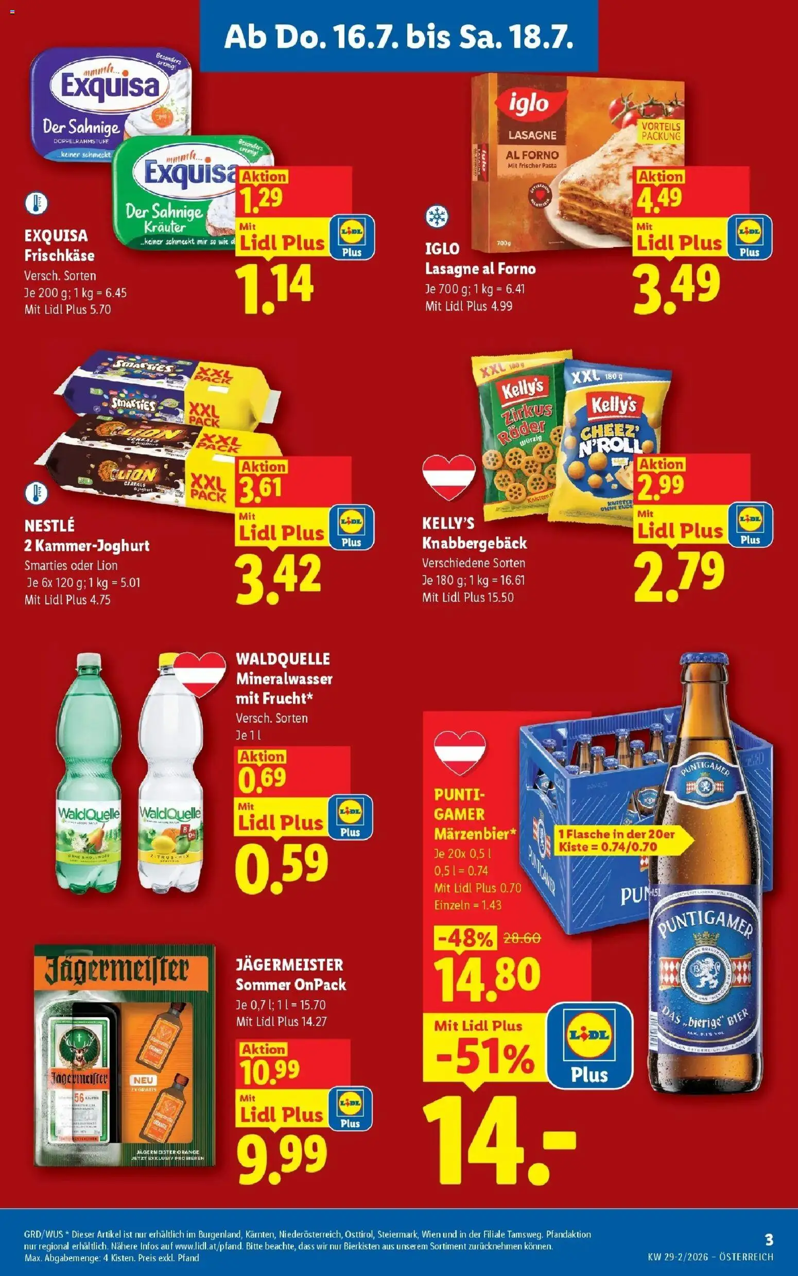 Lidl Flugblatt - Wien, Langenzersdorf, Zwettl gültig ab 16.07.2026 | Seite: 3 | Produkte: Pasta, Mineralwasser, Joghurt, Bier