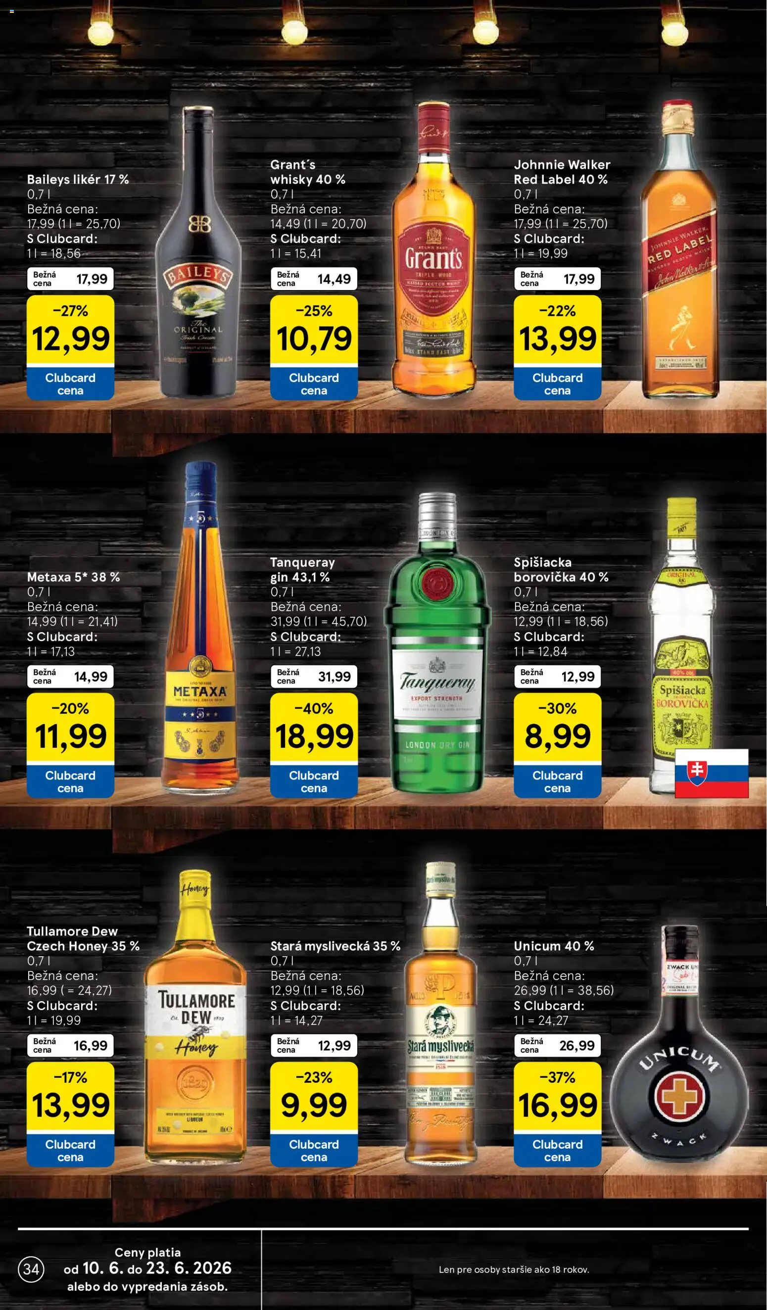 Nové Tesco akcie – leták je platný od 10.06.2026 | Strana: 34 | Produkty: Metaxa, Gin, Whisky, Tullamore Dew