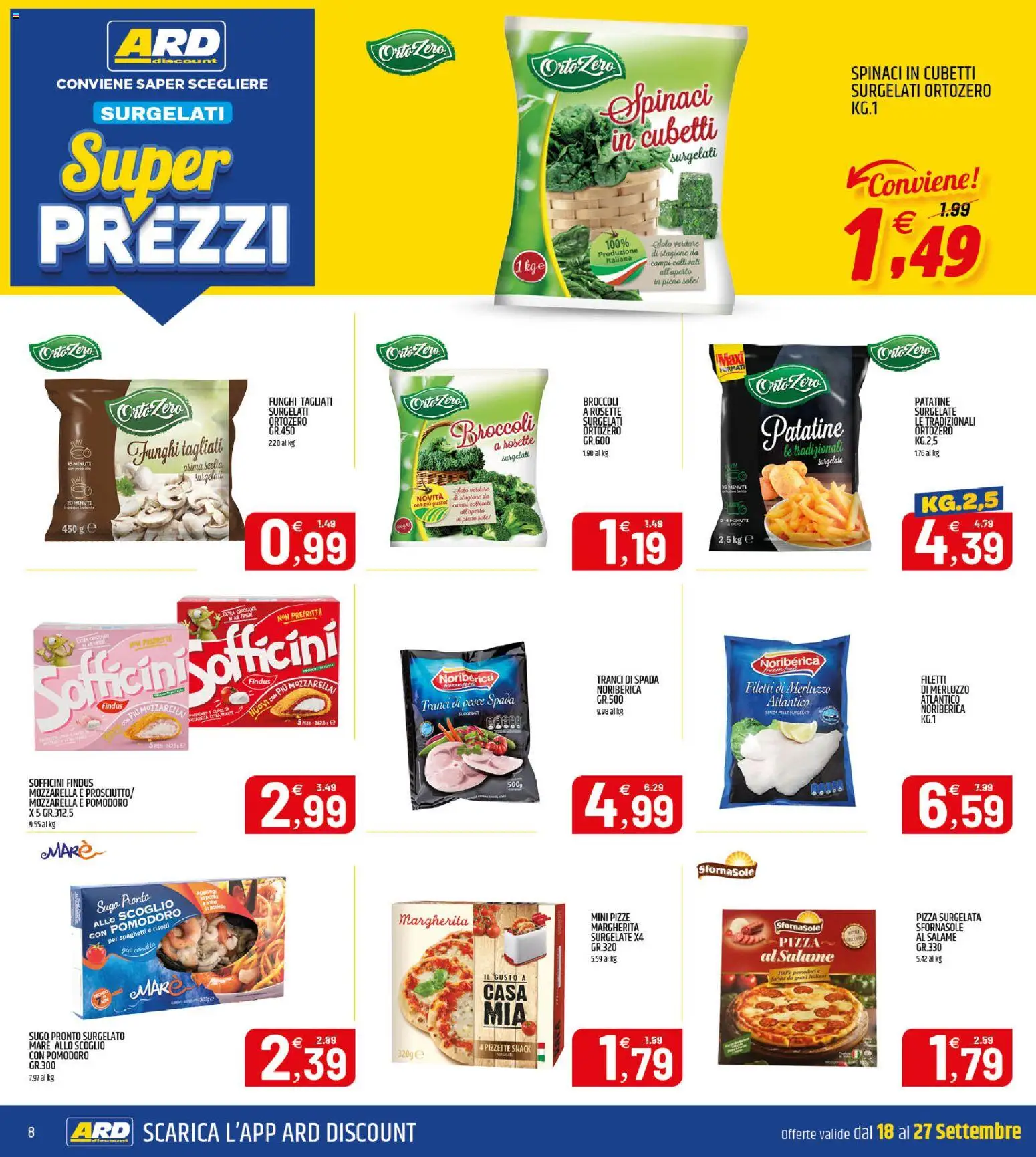 Volantino ARD Discount del 18/09/2026 | Pagina: 8 | Prodotti: Merluzzo, Patatine, Pesce spada, Spaghetti
