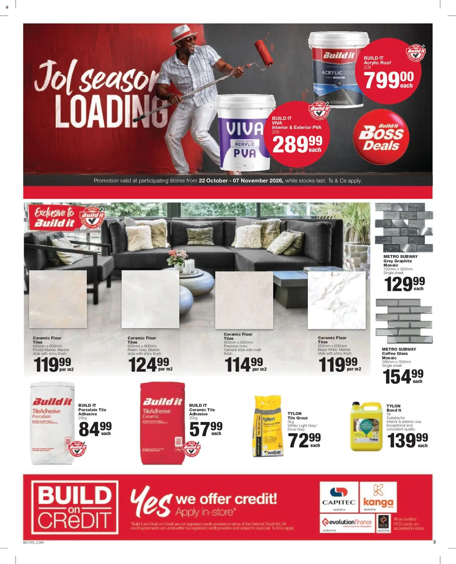 New Build It catalogue – valid from 22/10/2026 | Page: 3 | Products: Tile grout, Light, Coffee, Adhesive
