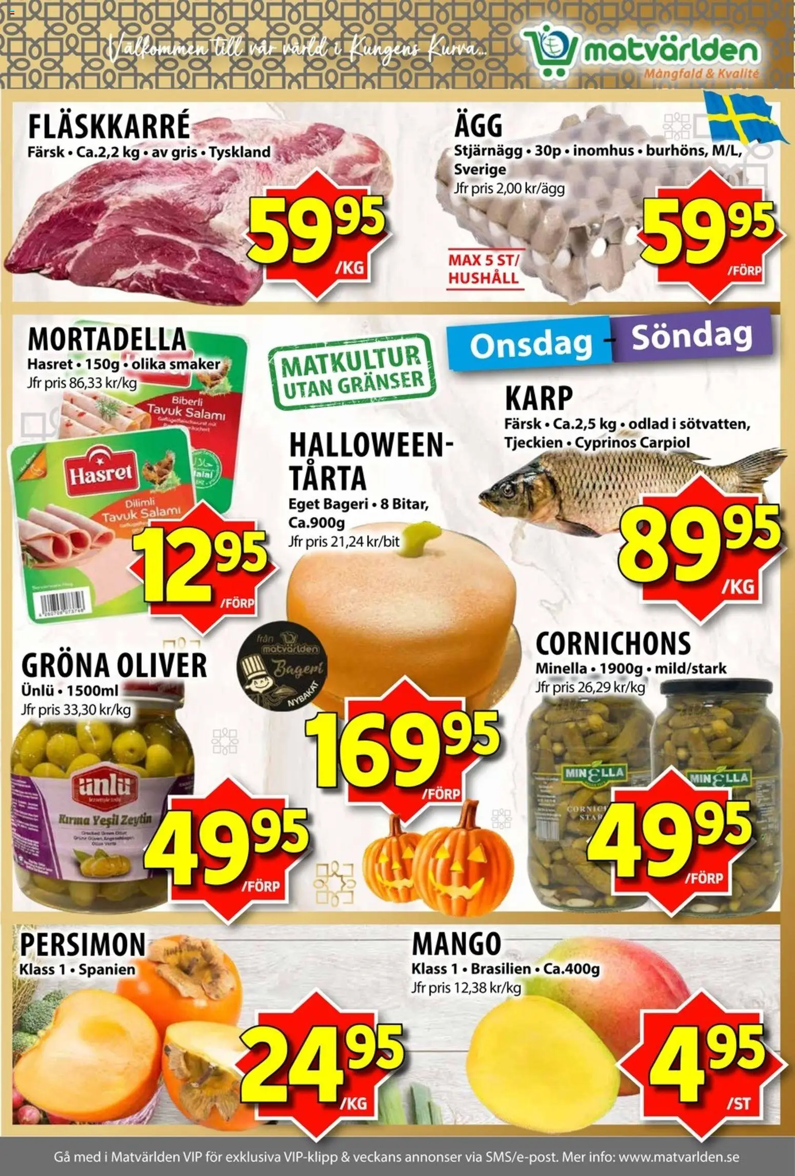 Matvärlden reklamblad aktuell från 26/10/2026 | Sida: 3 | Produkter: Oliver, Fläskkarré, Salami, Karp