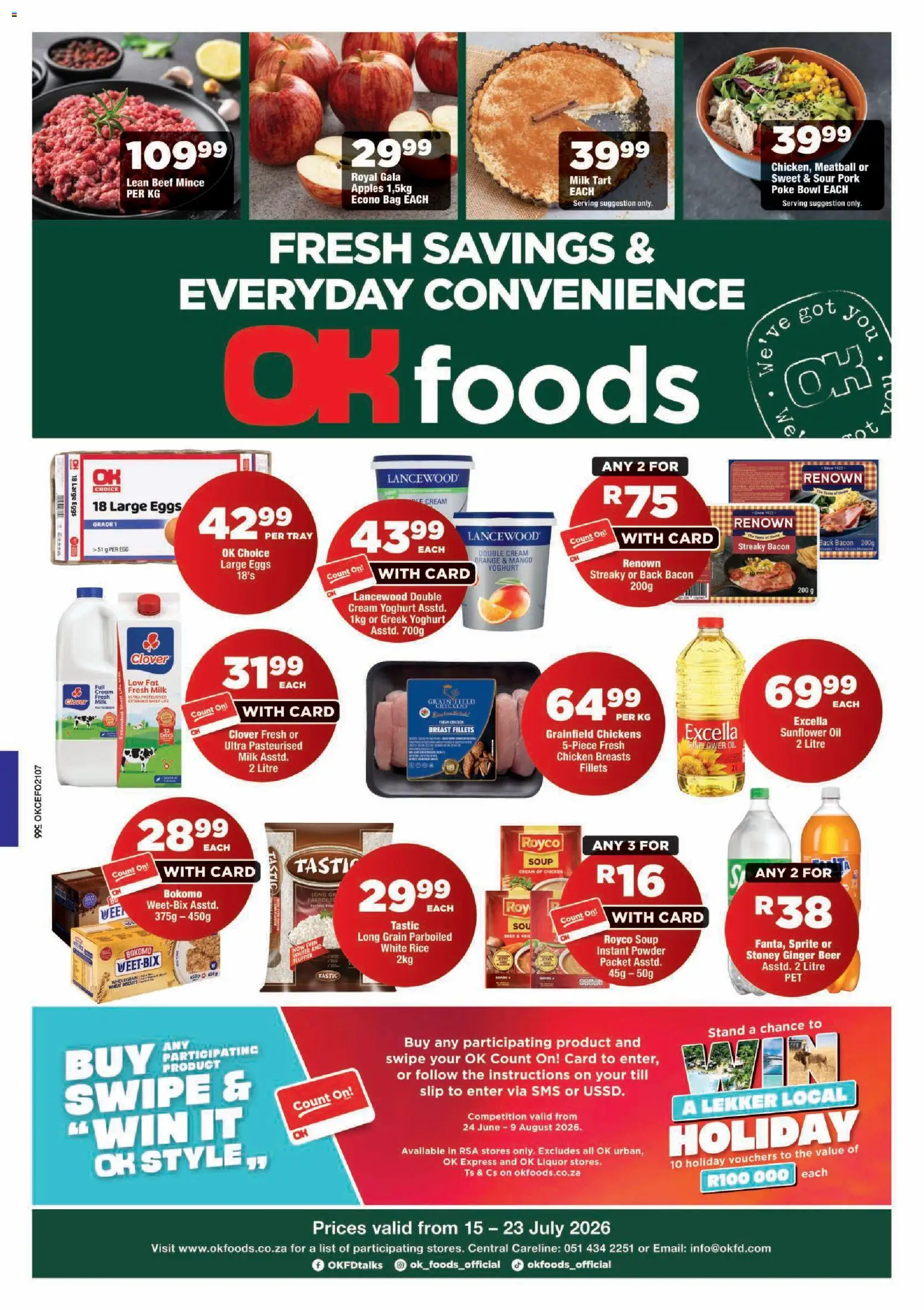 New OK Foods catalogue – valid from 15/07/2026 | Page: 1 | Products: Tray, Eggs, Stoney, Bacon