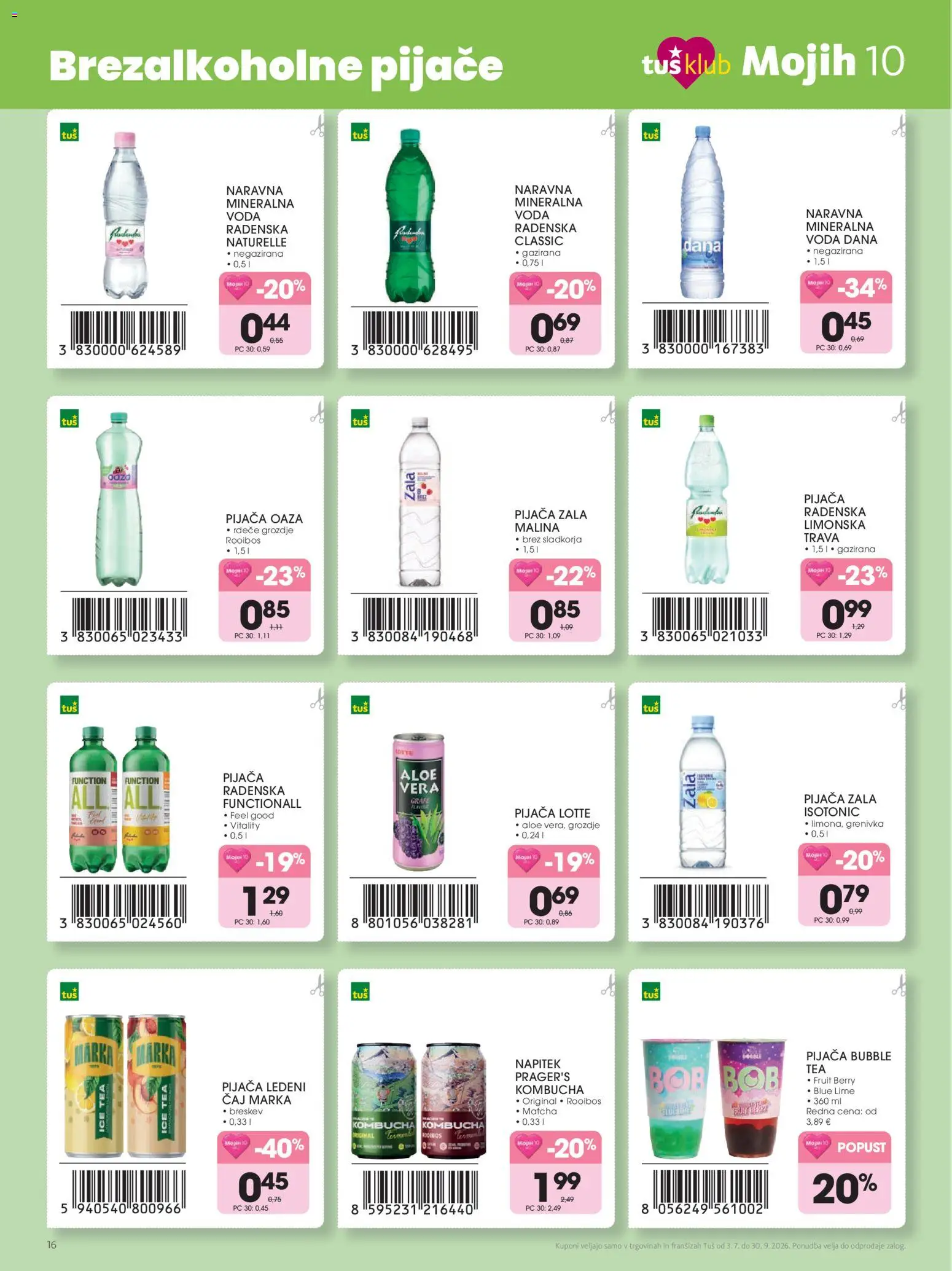 Novi Tuš katalog ponudbe – veljaven od 03.07.2026 | Stran: 16 | Izdelki: Grozdje, Mineralna voda, Caj, Breskev