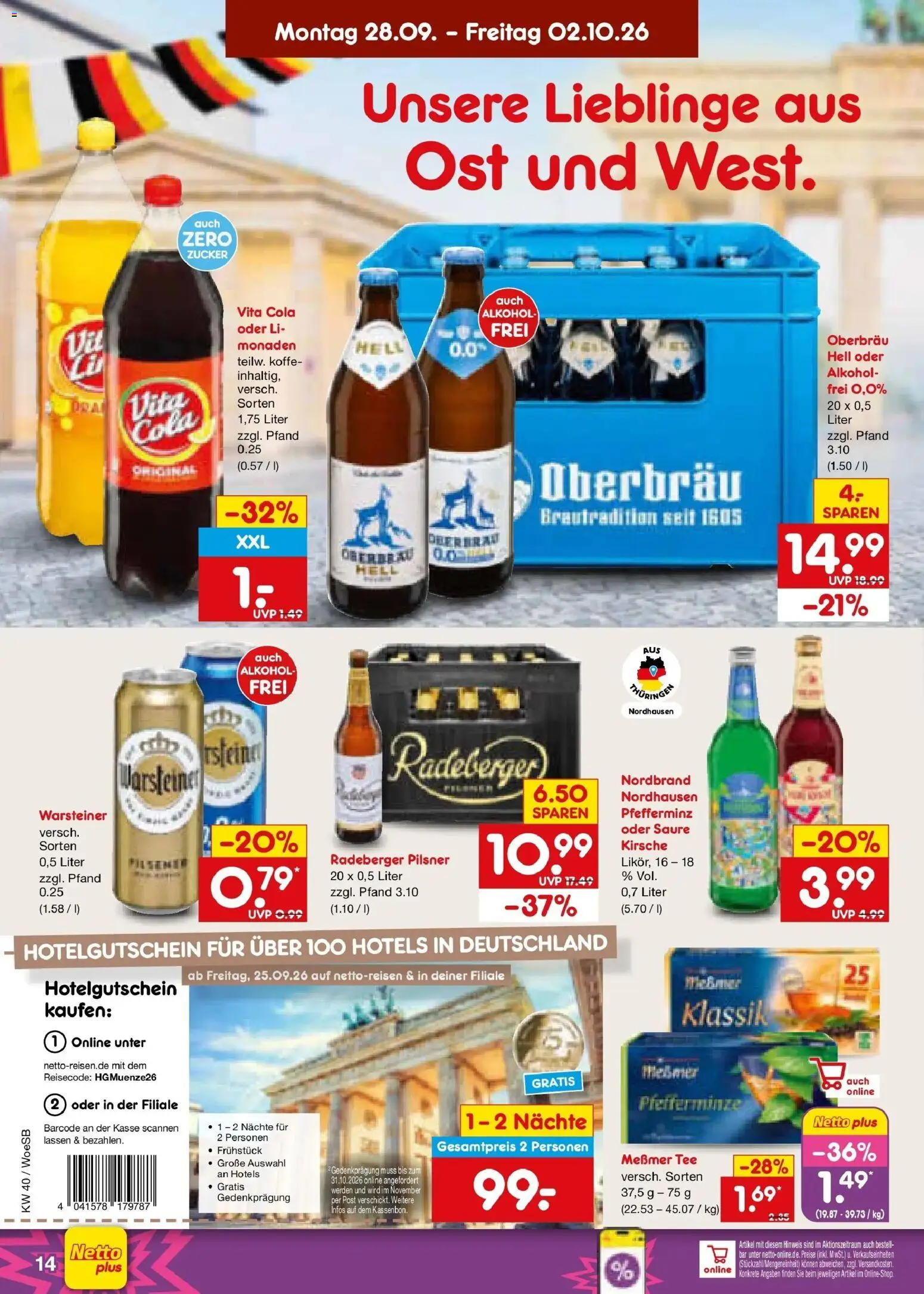 Netto Marken-Discount Prospekt Gemmingen – gültig ab 28.09.2026 | Seite: 20 | Produkte: Cola, Zucker, Tee, Radeberger pilsner