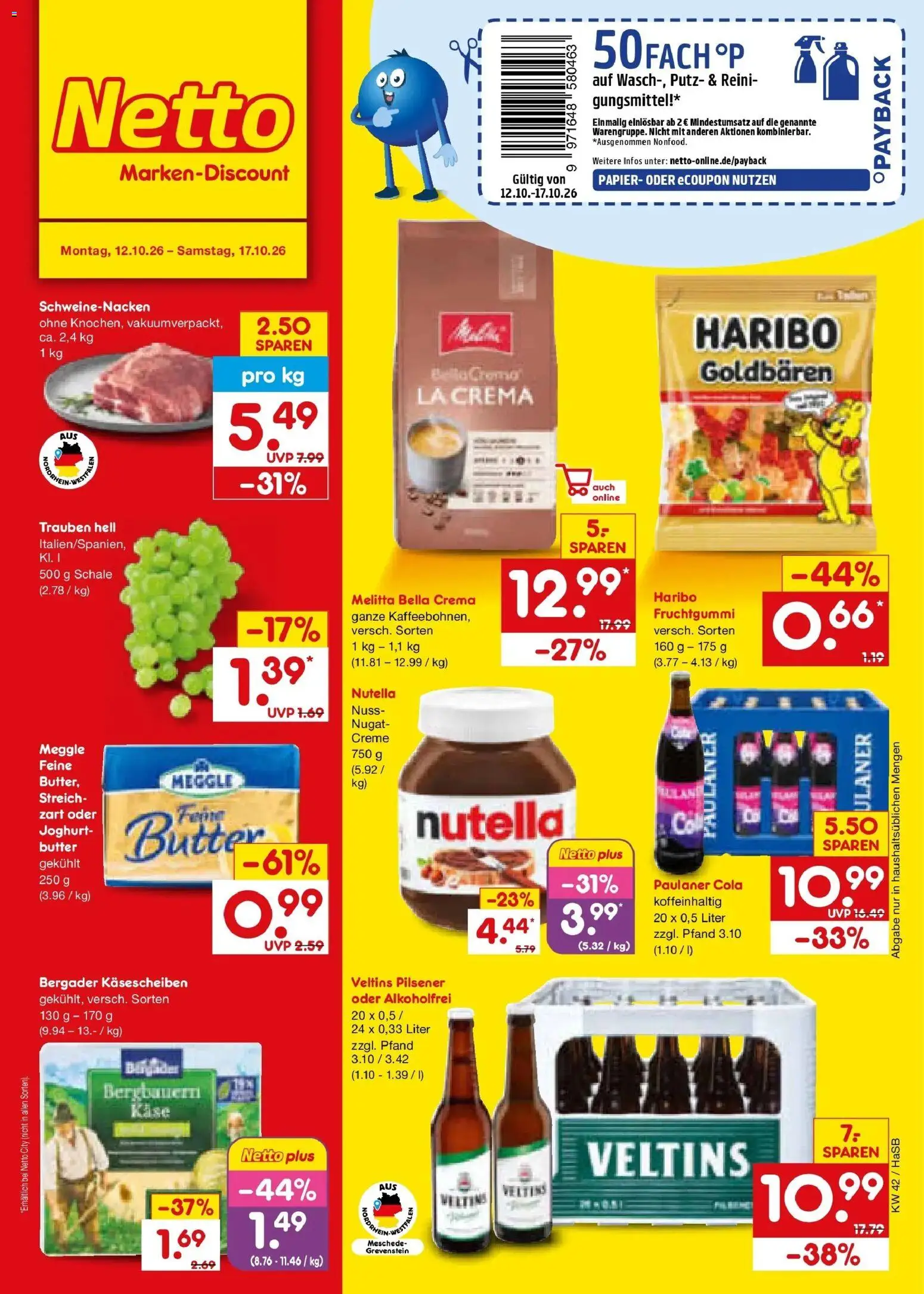 Netto Marken-Discount Prospekt Unna (ab 12.10.2026) » Angebote | Seite: 1 | Produkte: Trauben, Nutella, Paulaner, Veltins
