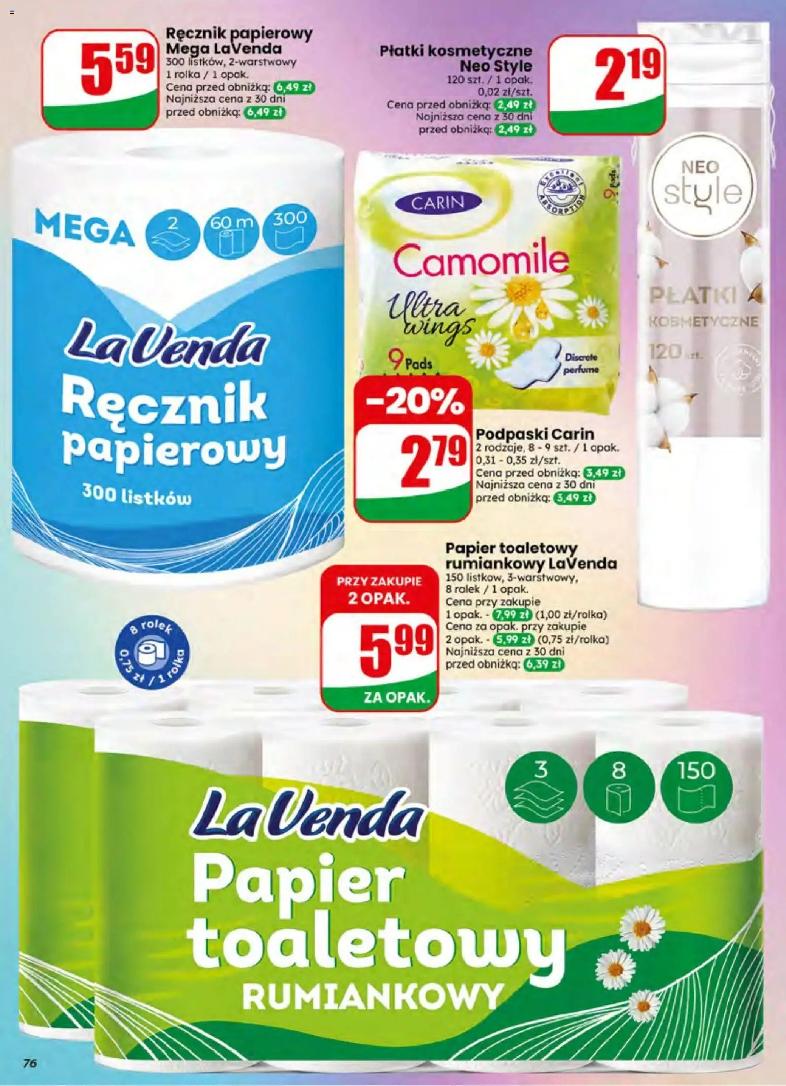 Dino gazetka od 24.06.2026 | Strona: 76 | Produkty: Papier toaletowy, Podpaski, Płatki kosmetyczne, Ręcznik papierowy