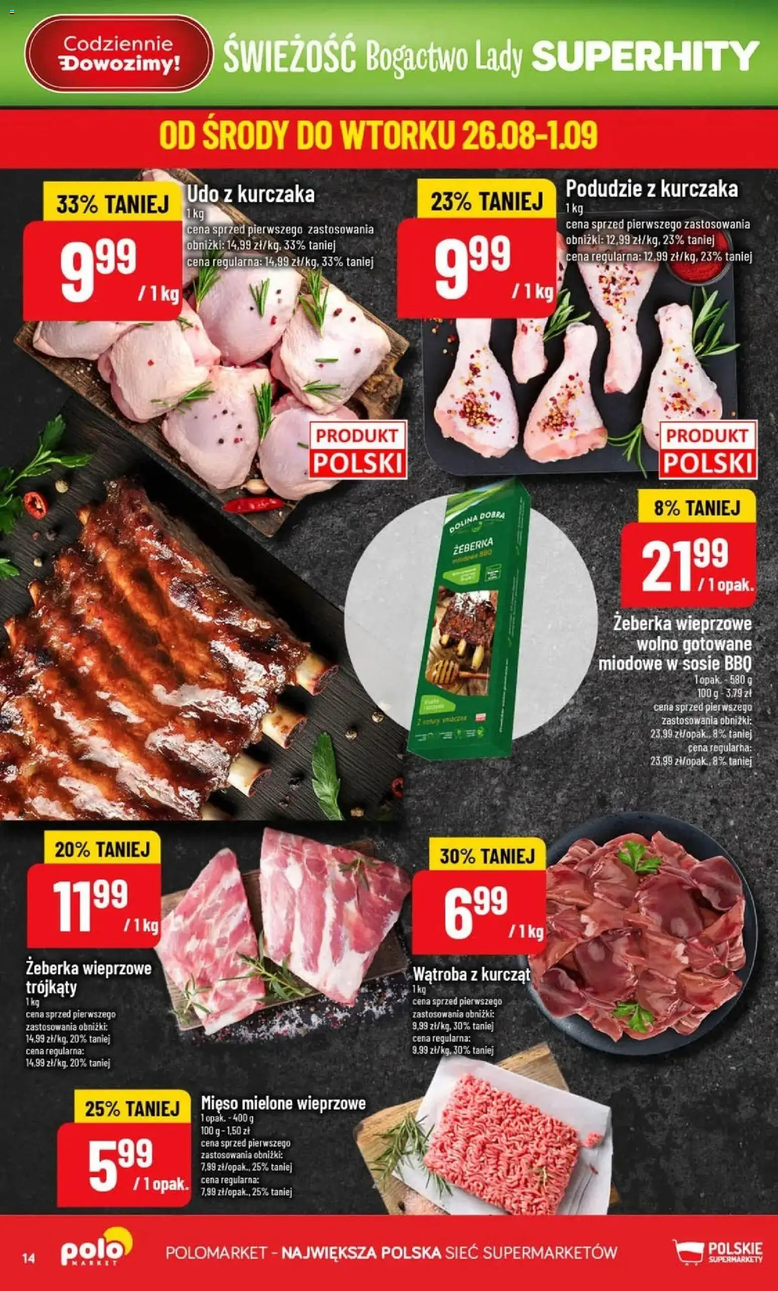Nowa POLOmarket gazetka od jutra 26.08.2026 | Strona: 14 | Produkty: Żeberka, Żeberka wieprzowe, Mięso, Podudzie z kurczaka
