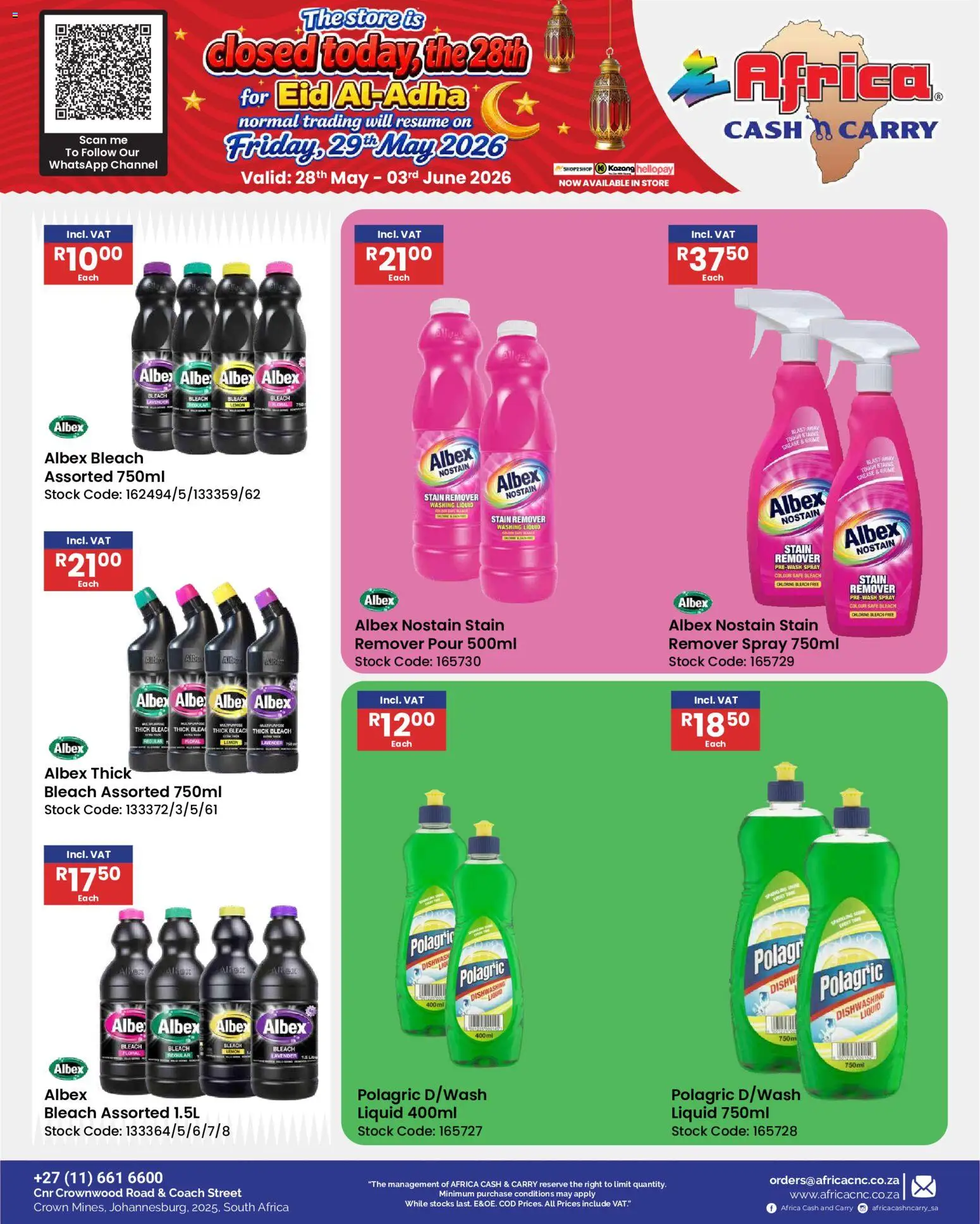 New Africa Cash & Carry catalogue – valid from 28.05.2026 | Page: 54 | Products: Bleach, Stock, Stain remover, Lemon
