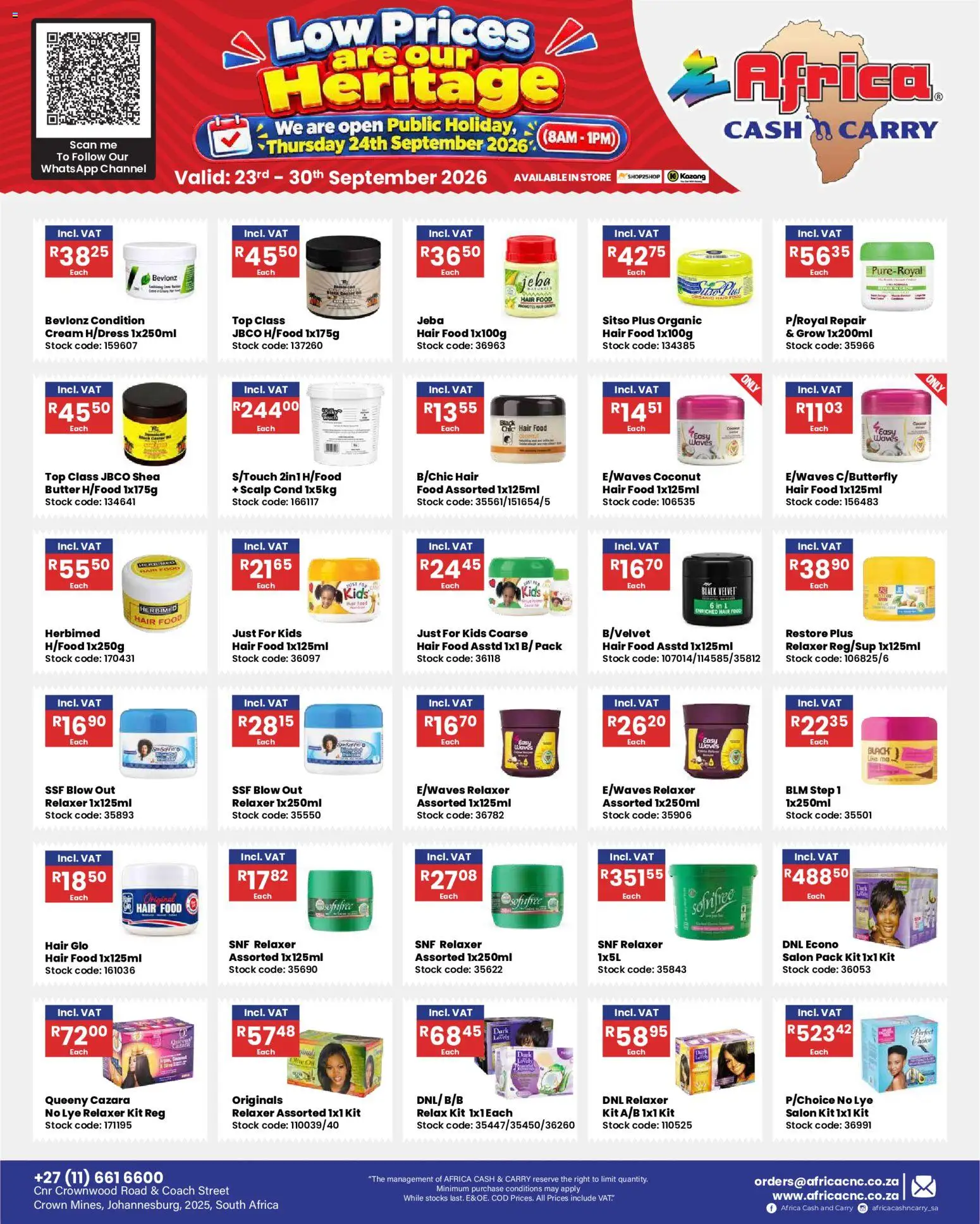 New Africa Cash & Carry catalogue – valid from 23/09/2026 | Page: 3 | Products: Butter, Cream, Stock, Relaxer