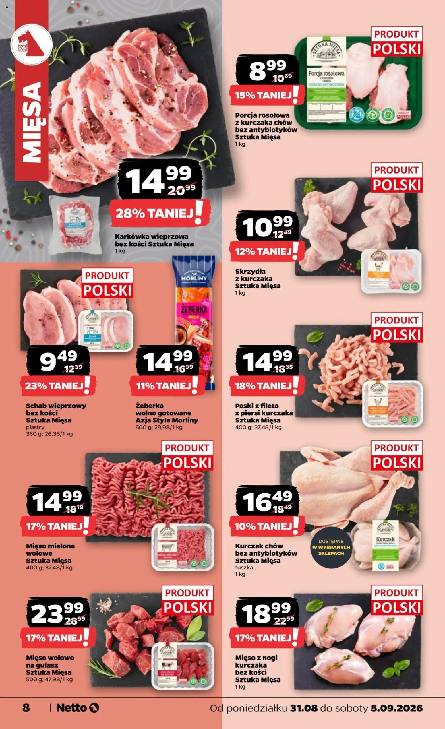 Netto gazetka od poniedziałku od 31.08.2026 | Strona: 8 | Produkty: Porcja rosołowa, Kurczak, Mięso wołowe na gulasz, Gulasz