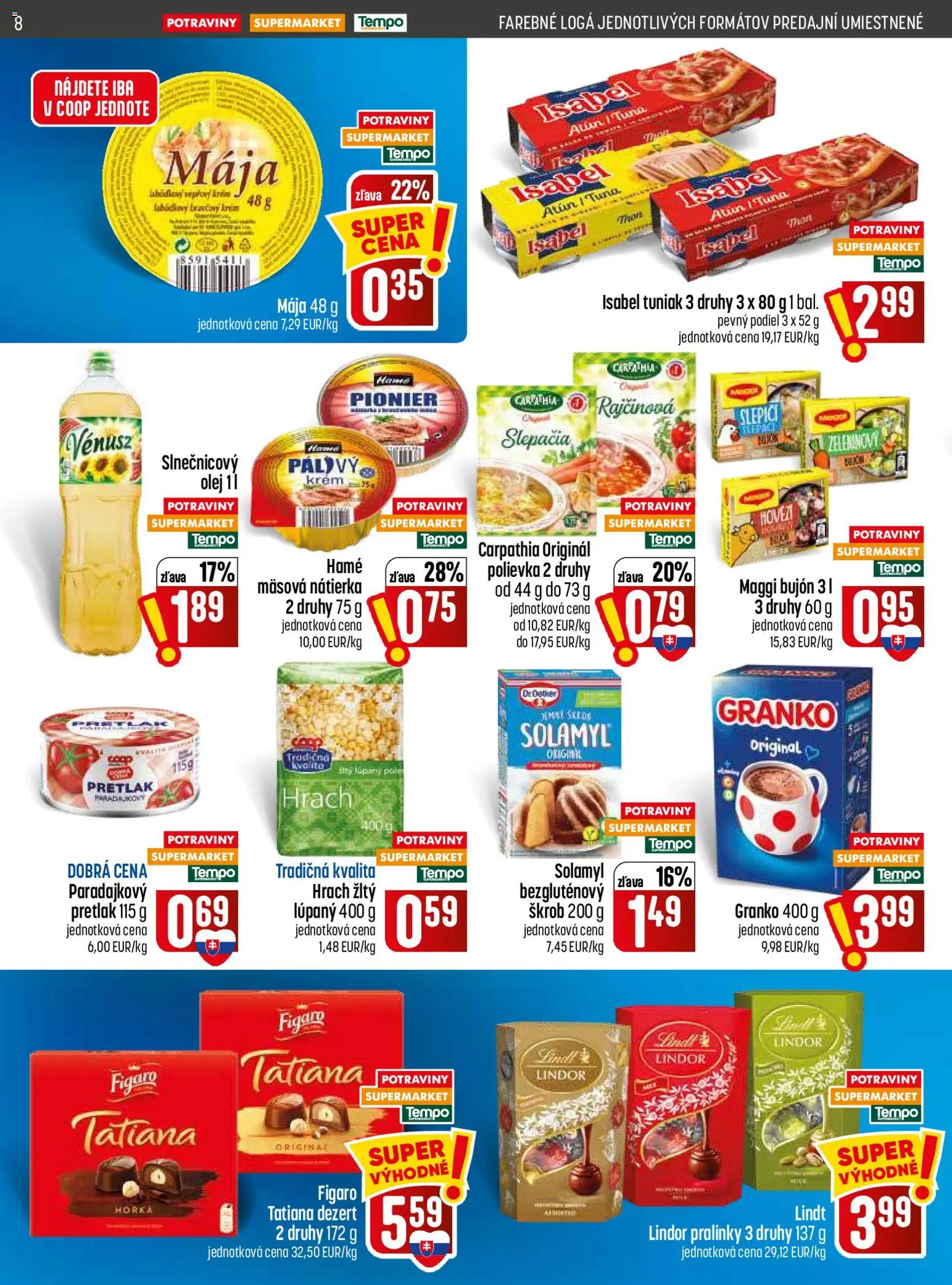 Nové COOP Jednota akcie – leták je platný od 23.07.2026 | Strana: 8 | Produkty: Olej, Bujón, Lindt, Hrach