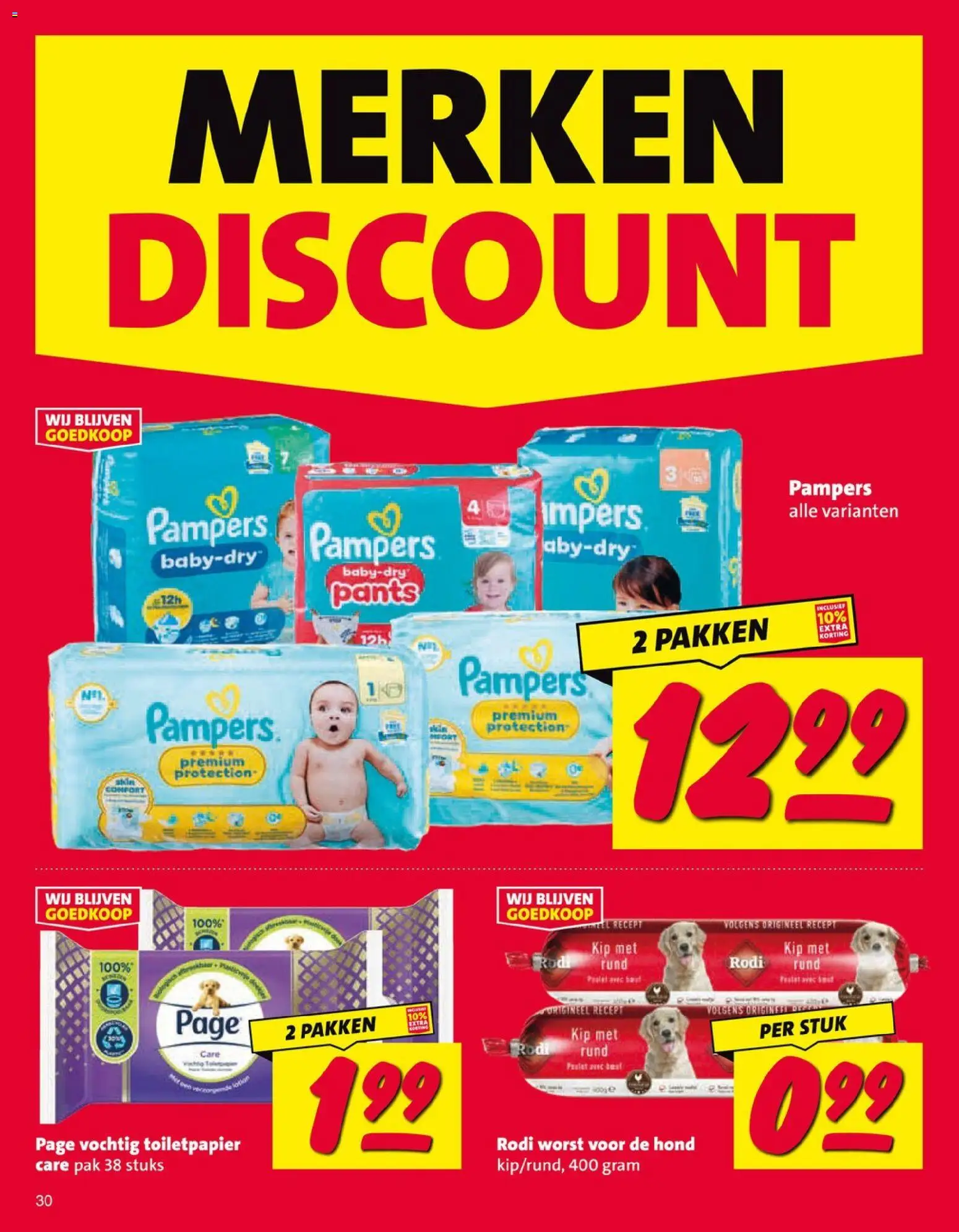 {H1} | Pagina: 30 | Producten: Worst, Pampers, Toiletpapier, Kip