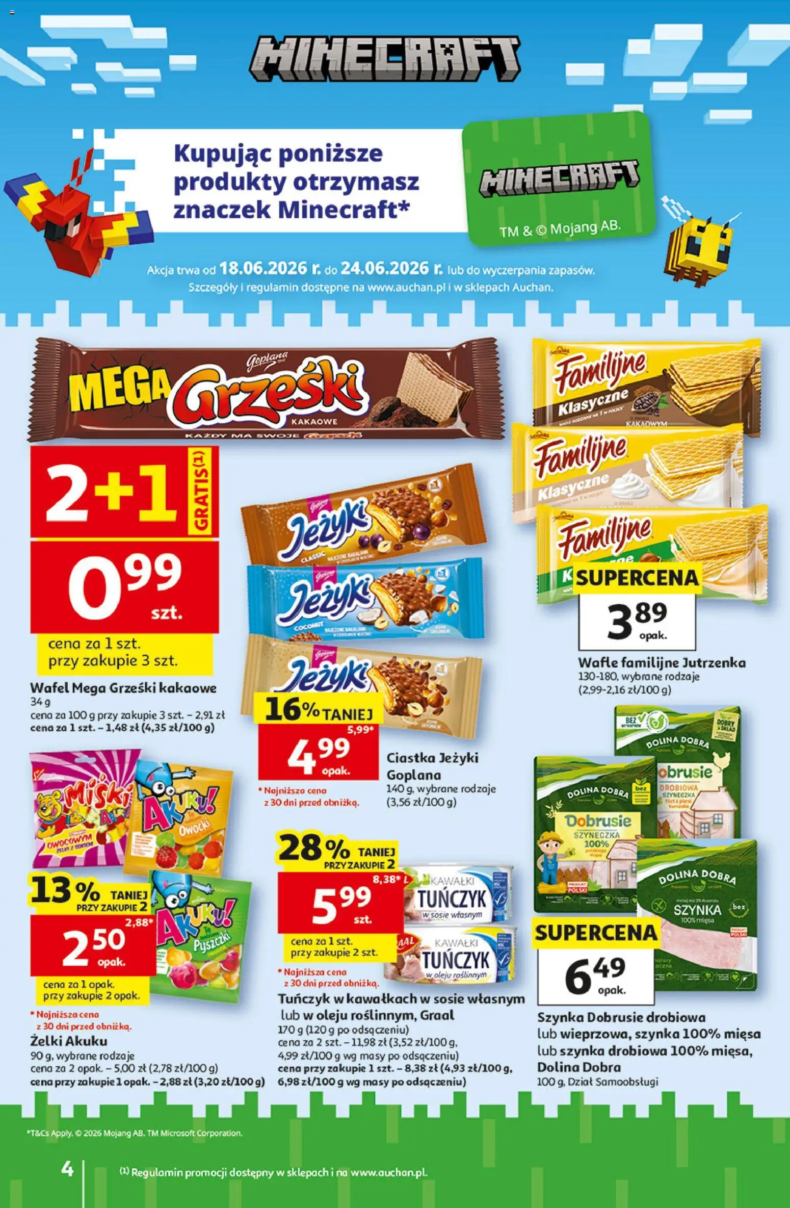 Auchan gazetka - 30 Lat Hipermarket od 18.06.2026 | Strona: 4 | Produkty: Wafle, Szynka, Tuńczyk, Ciastka