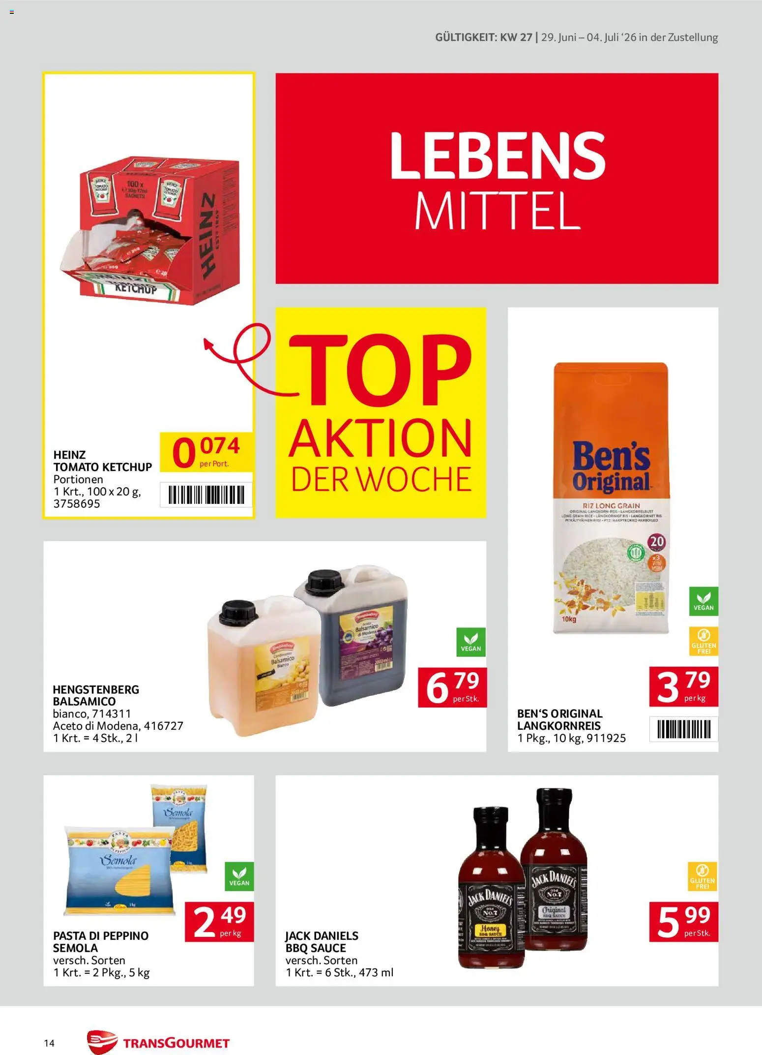 Transgourmet Zustellaktion gültig ab 29.06.2026 | Seite: 14 | Produkte: Pasta, Ketchup
