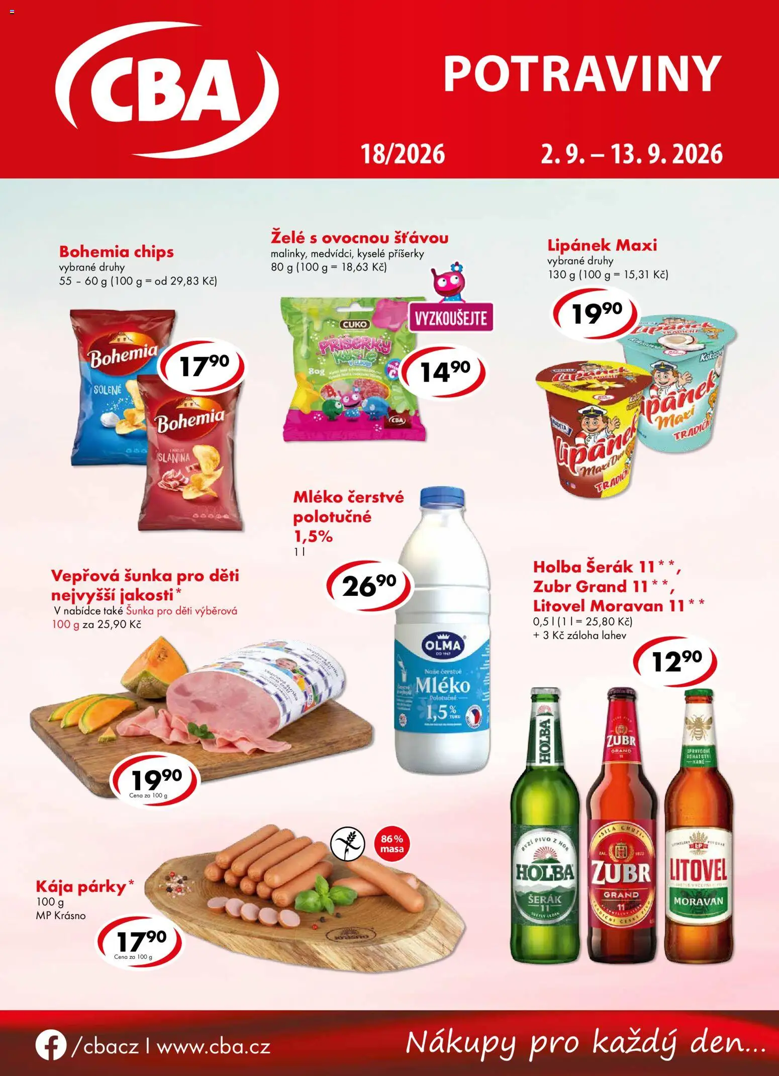 CBA leták od 02.09.2026 | Strana: 1 | Produkty: Mléko polotučné, Zubr, Pivo, Slanina