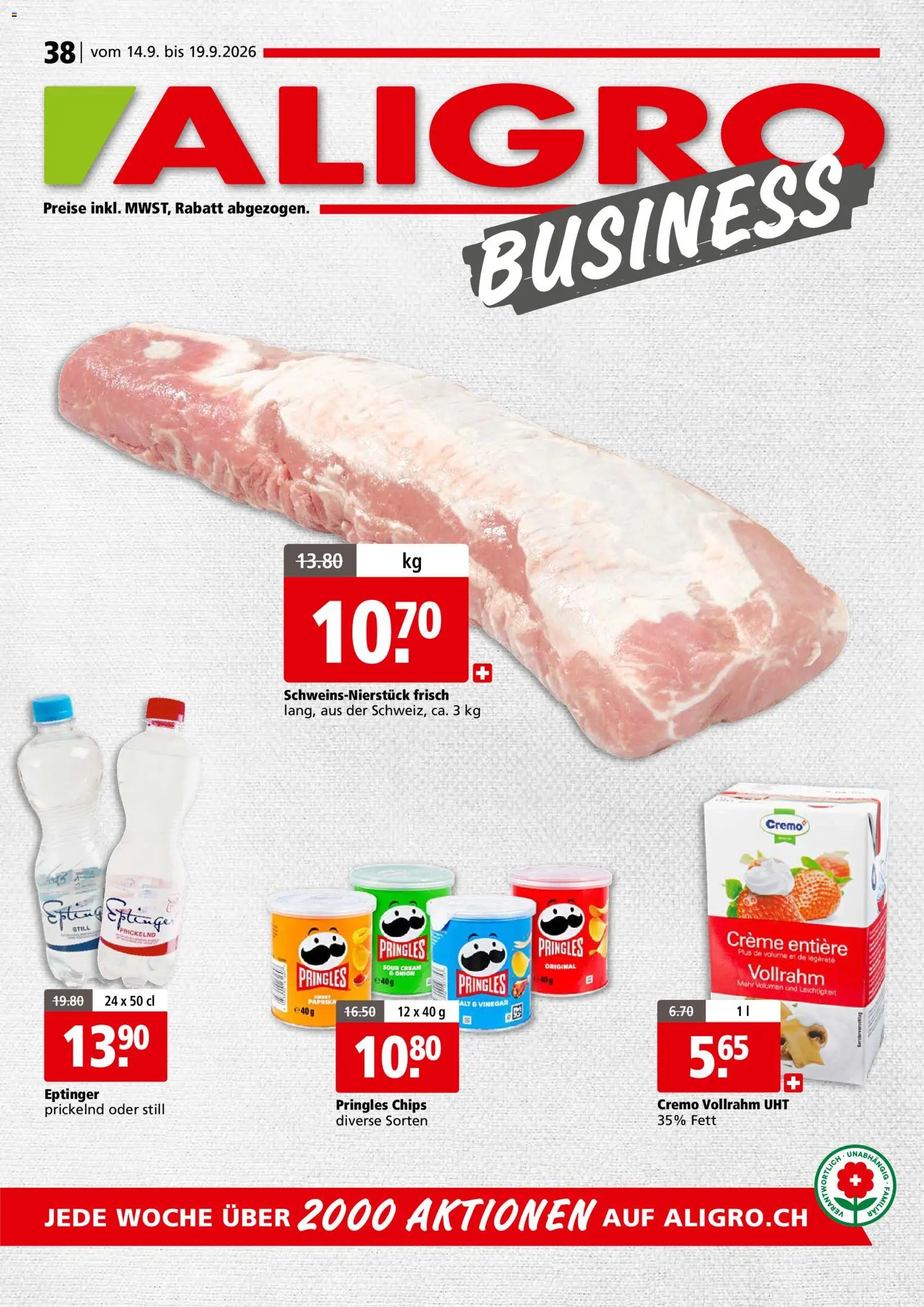 Aligro aktionen Business Schlieren, Gossau SG, Frauenfeld, Rapperswil-Jona, Sargans, Bern – gültig ab 14.09.2026 | Seite: 1 | Produkte: Chips, Creme